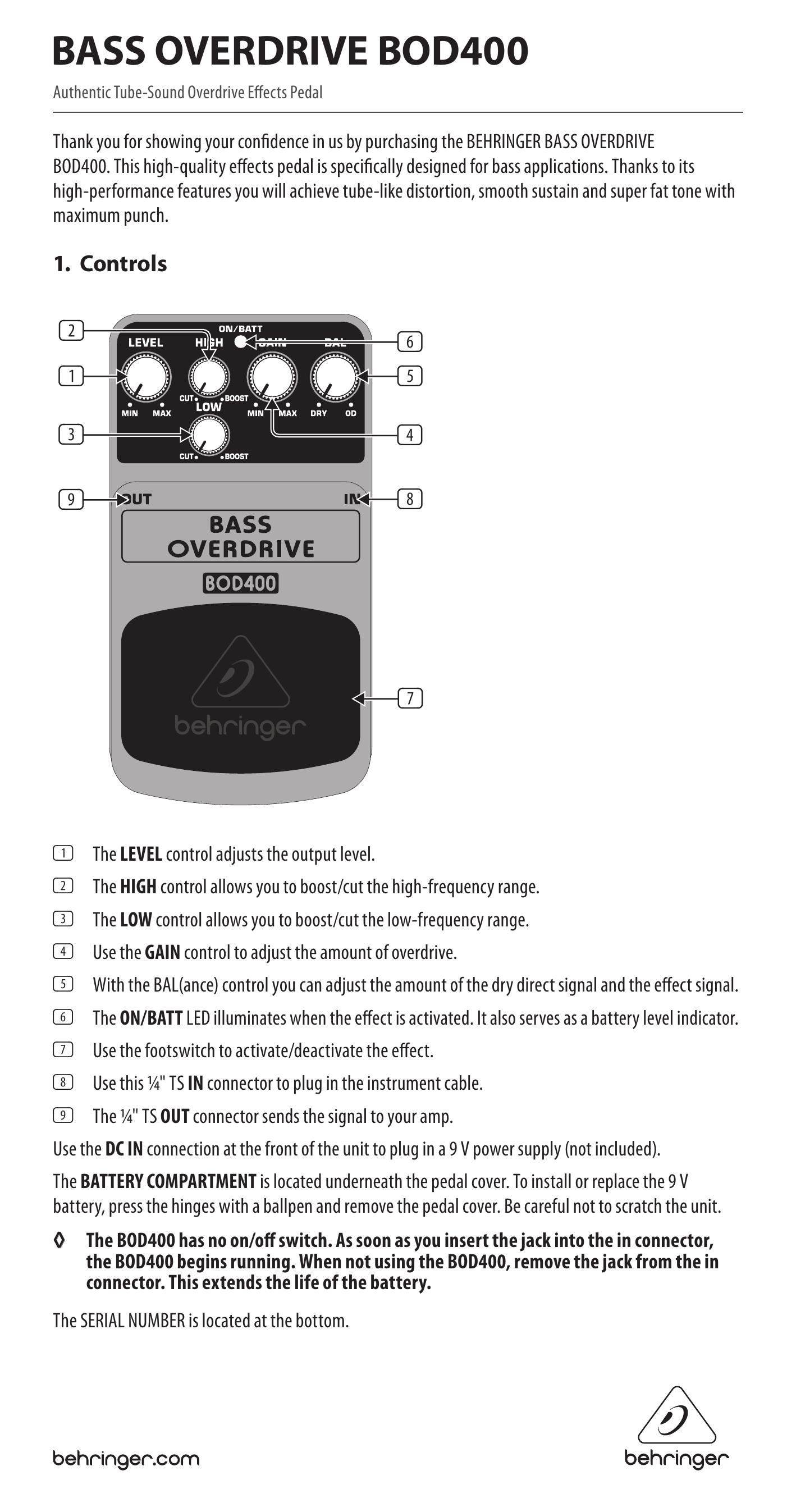 Behringer BOD400 Music Pedal User Manual