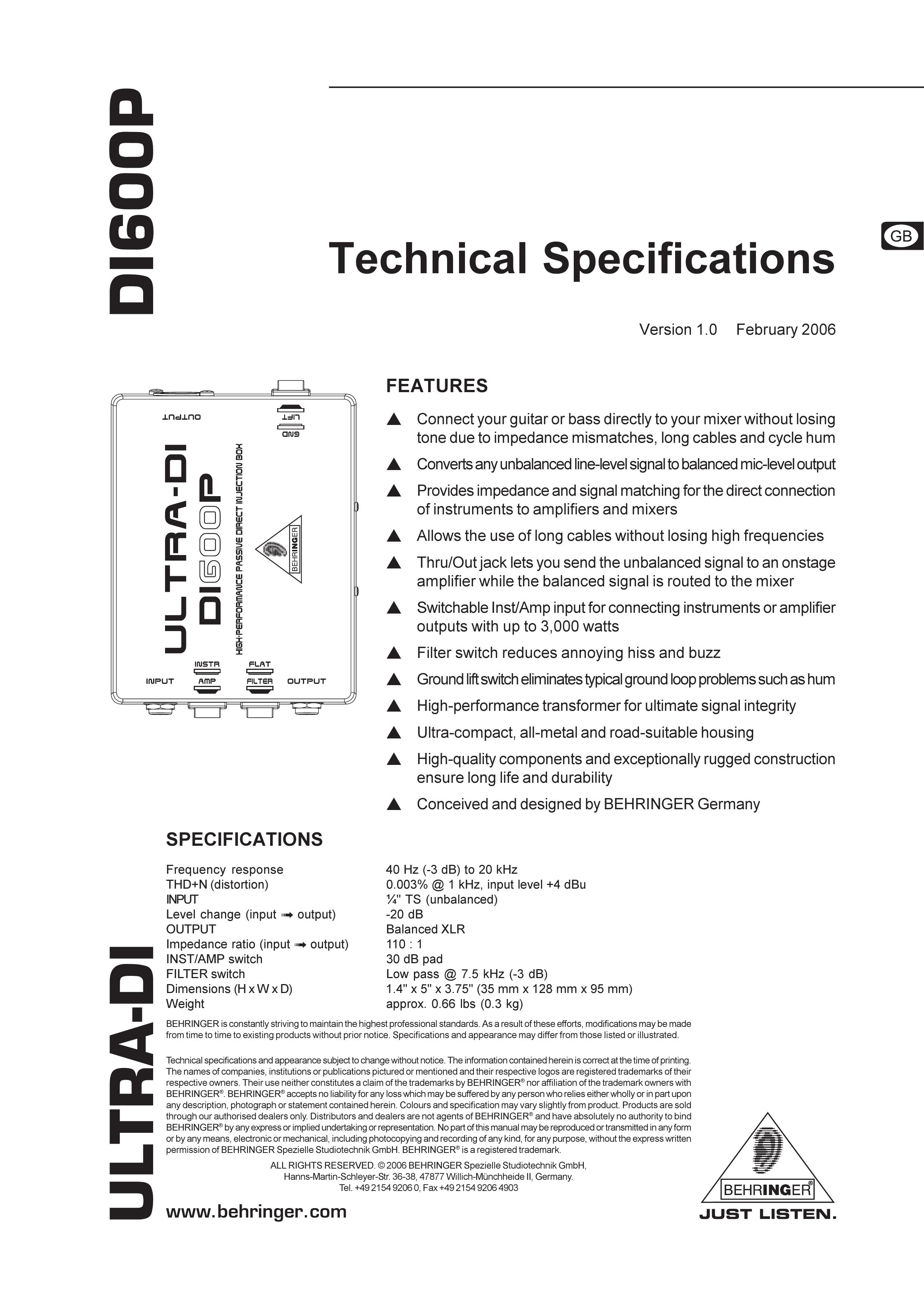 Behringer DI600P Music Pedal User Manual
