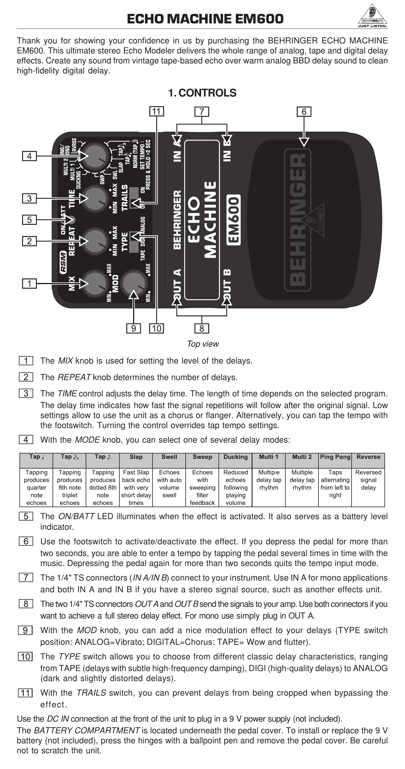 Behringer EM600 Music Pedal User Manual