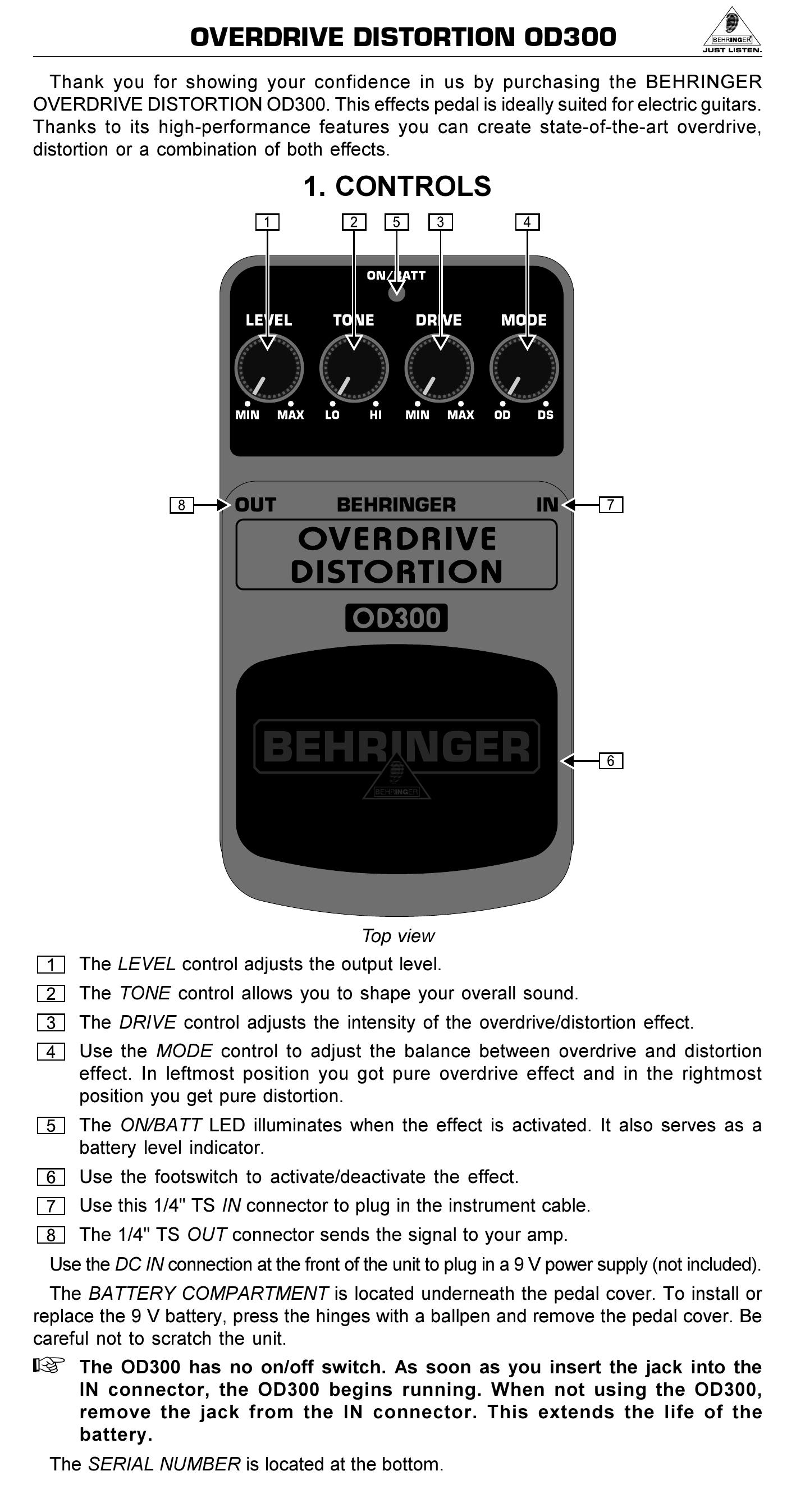 Behringer OD300 Music Pedal User Manual