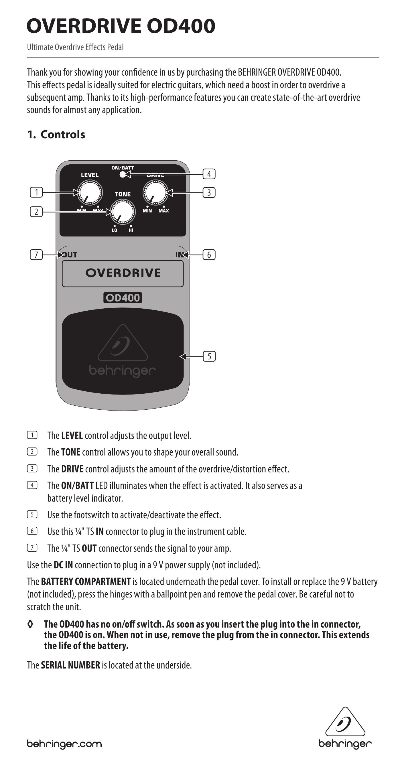 Behringer OD400 Music Pedal User Manual