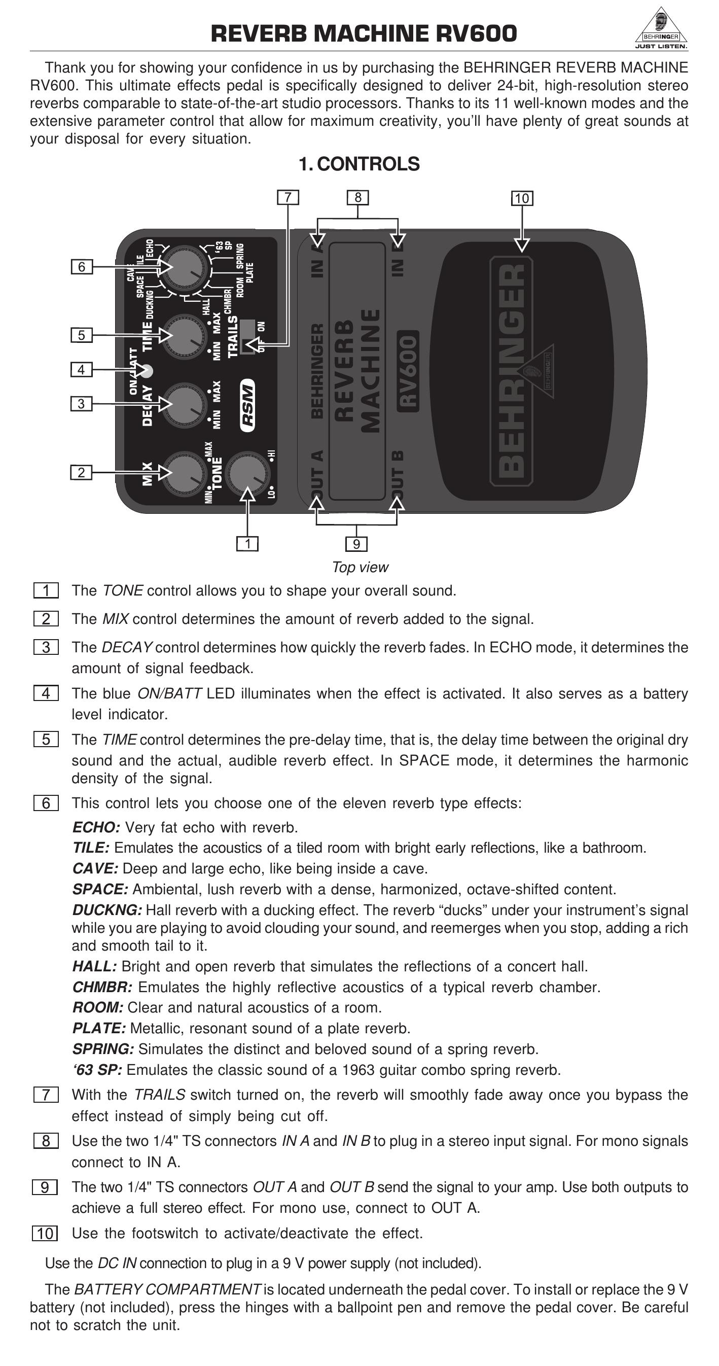 Behringer RV600 Music Pedal User Manual