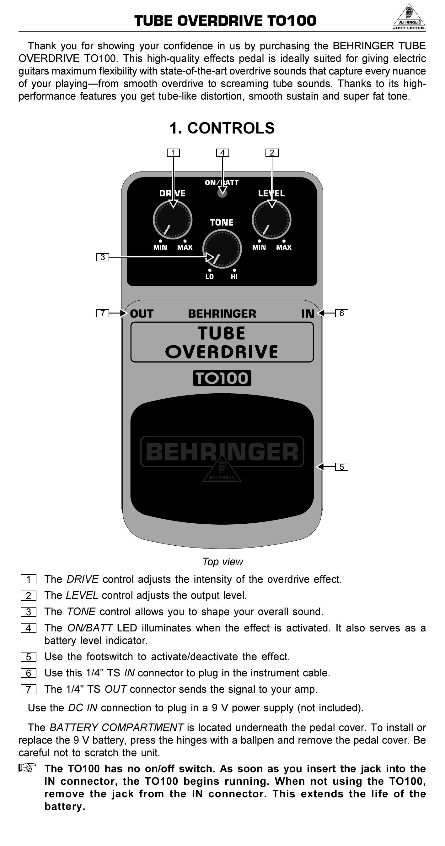 Behringer TO100 Music Pedal User Manual
