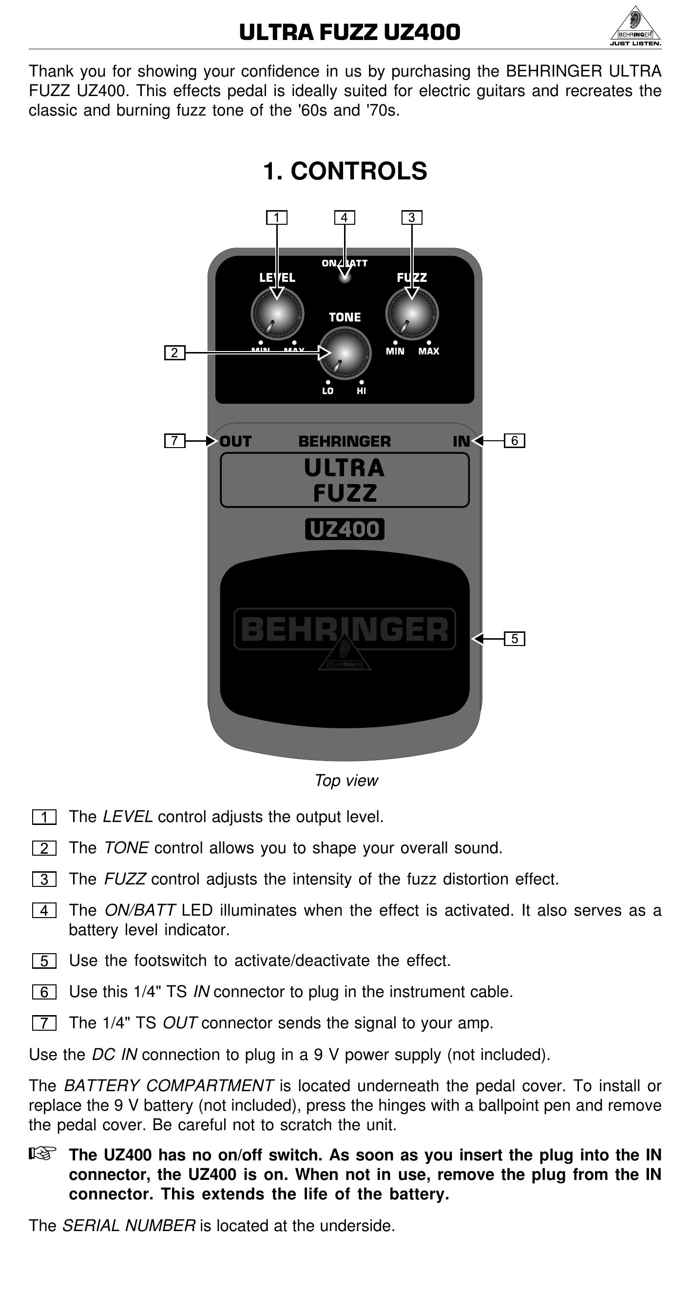 Behringer UZ400 Music Pedal User Manual