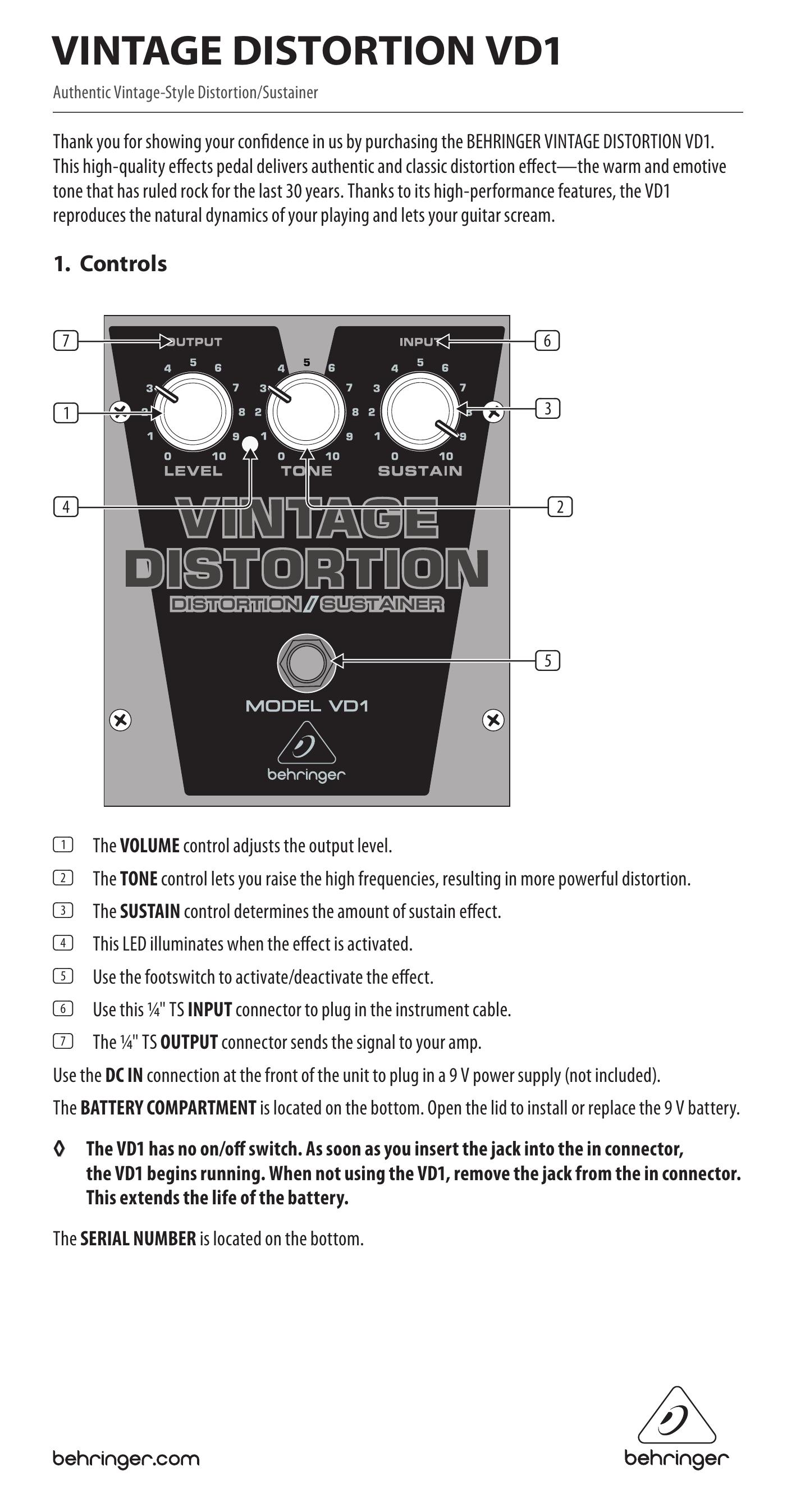 Behringer VD1 Music Pedal User Manual