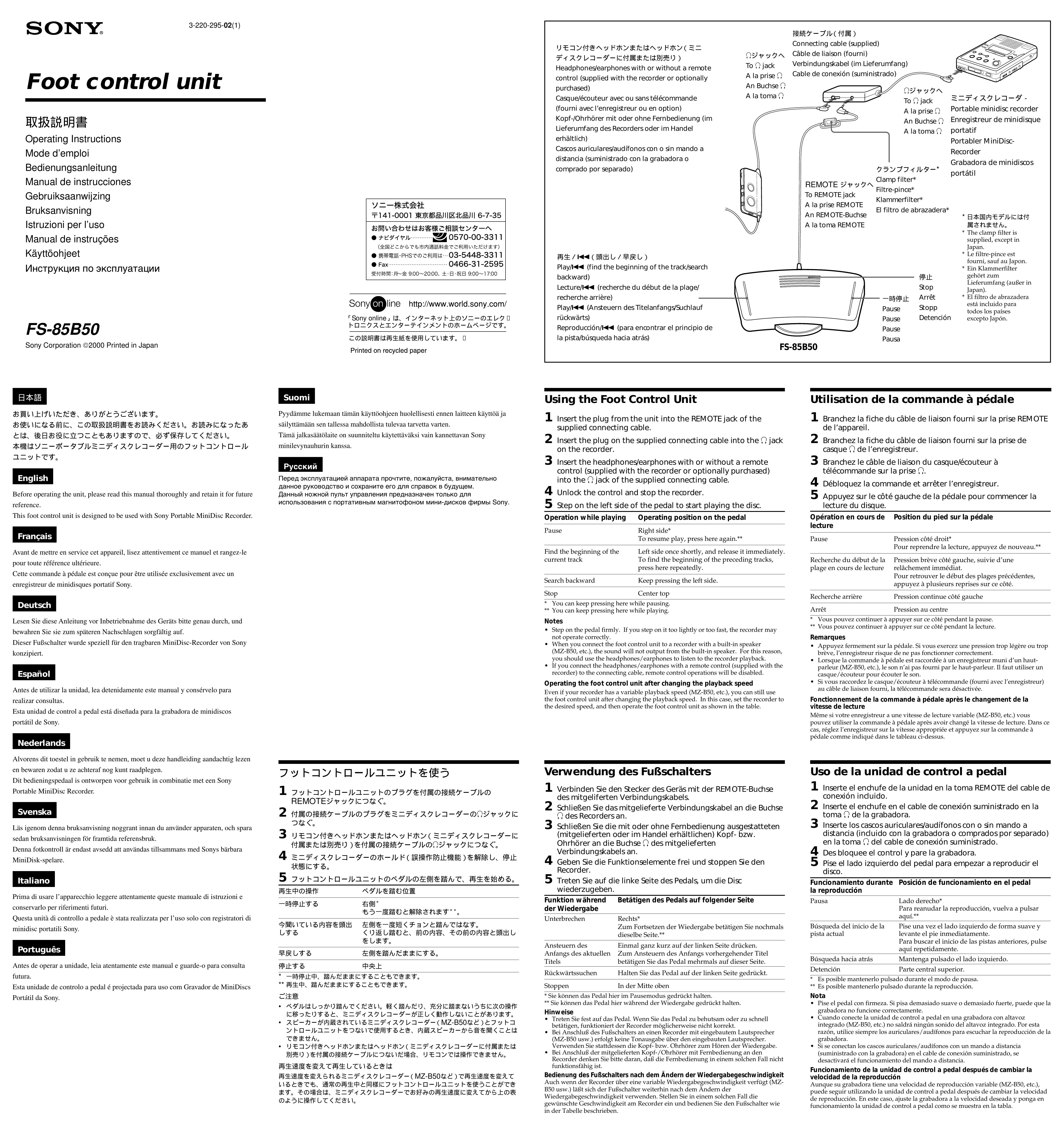 Sony FS-85B50 Music Pedal User Manual
