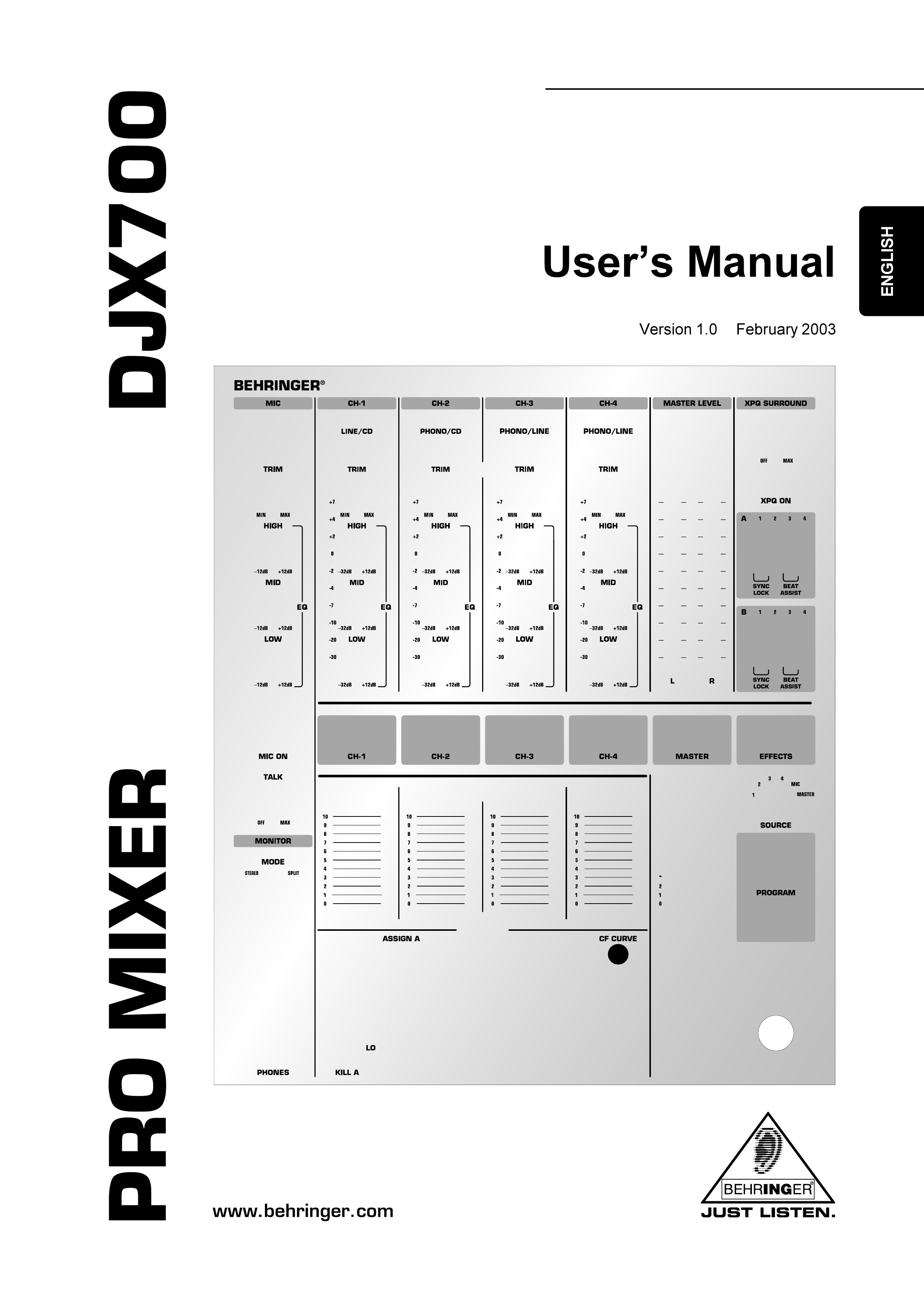 Behringer DJX700 Musical Instrument User Manual