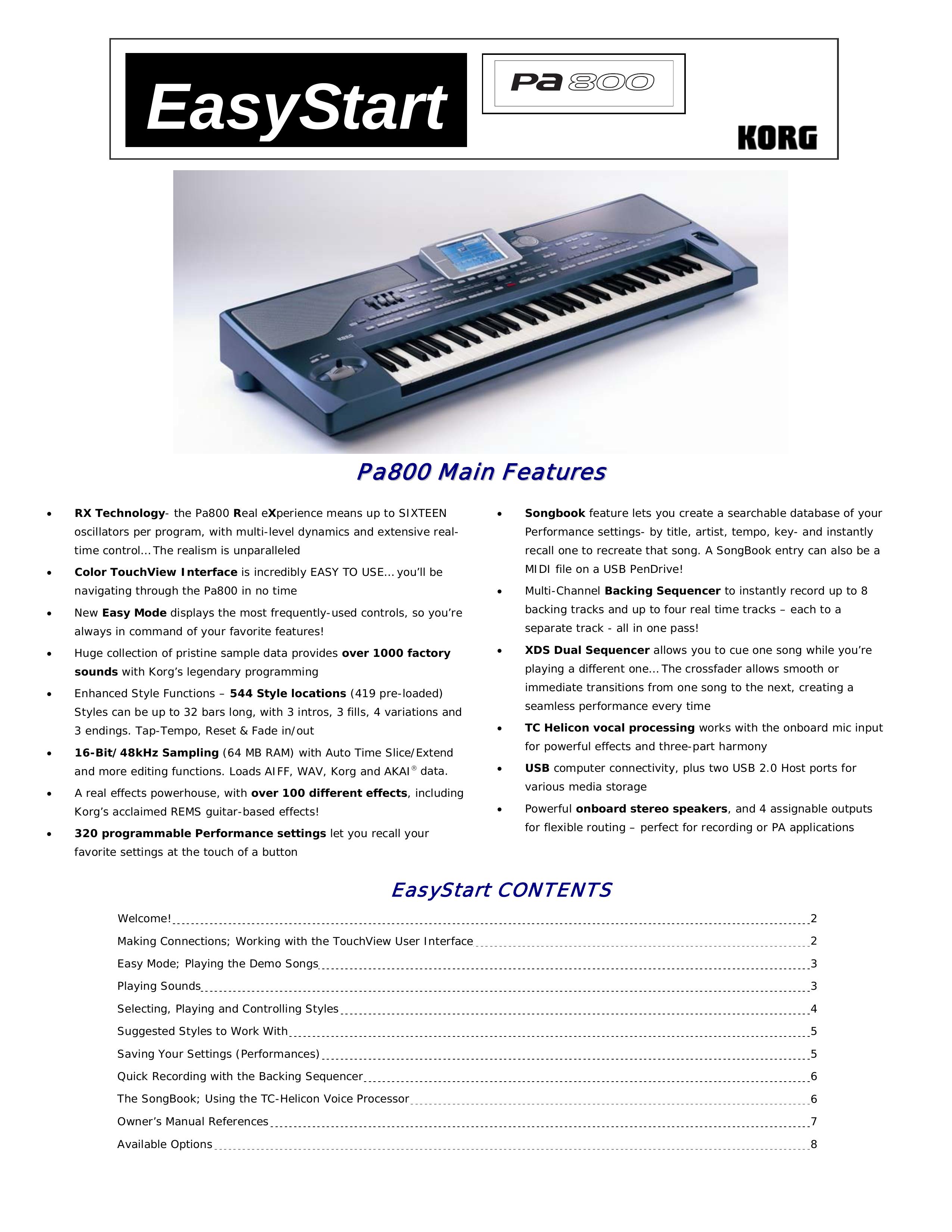 Korg Pa800 Musical Instrument User Manual