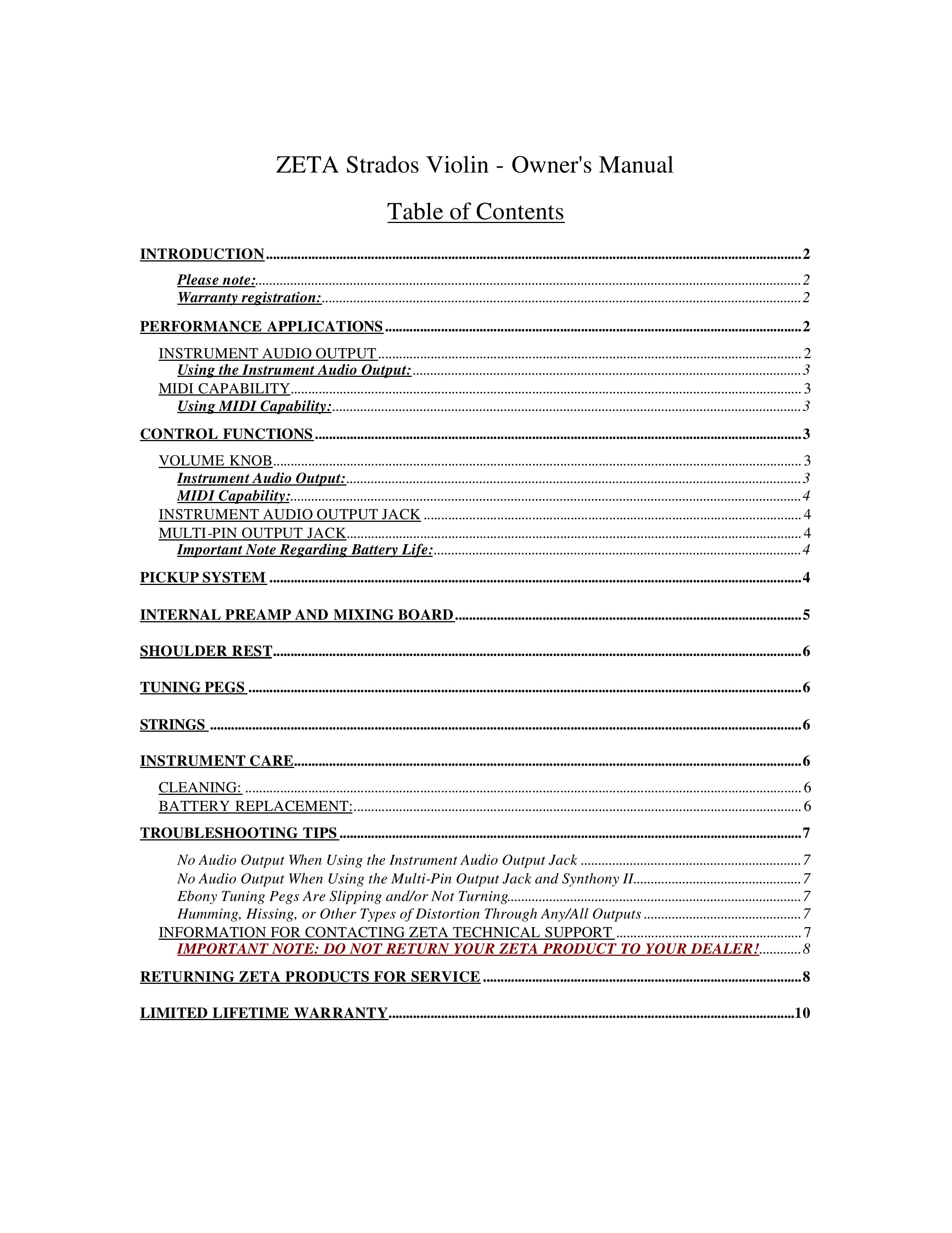 ZETA Music Systems Strados Violin Musical Instrument User Manual