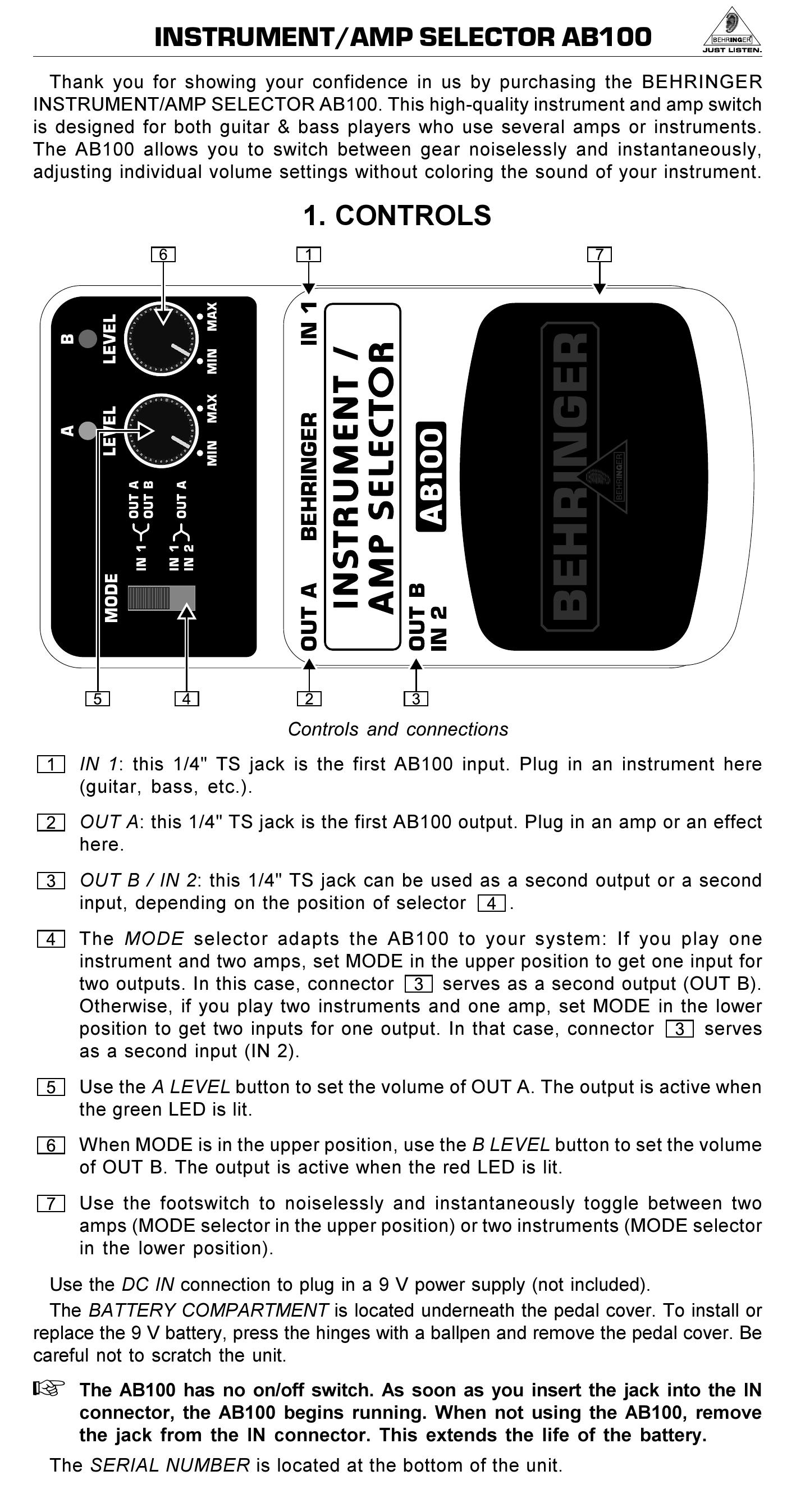 Behringer AB100 Musical Instrument Amplifier User Manual