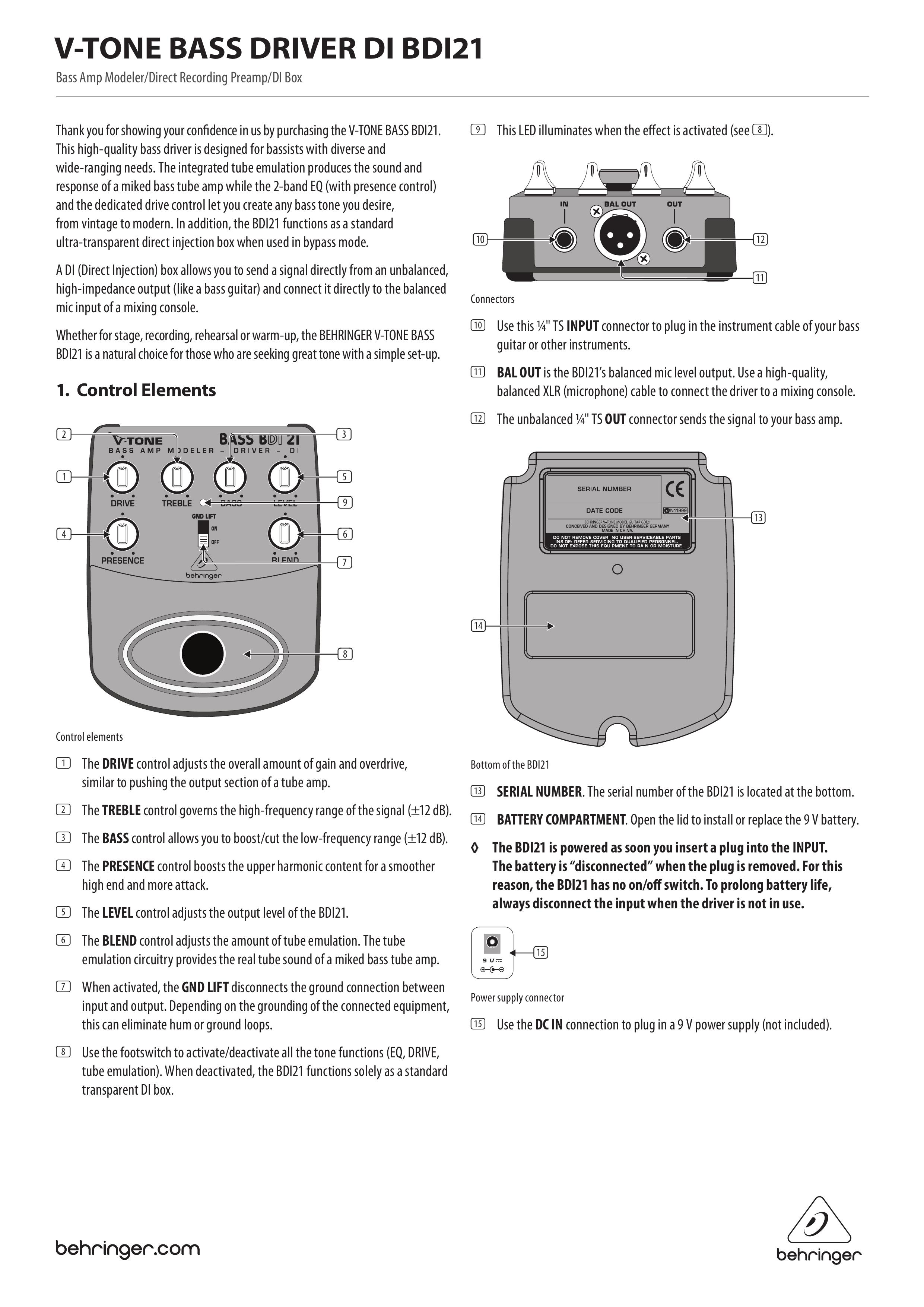 Behringer BDI21 Musical Instrument Amplifier User Manual
