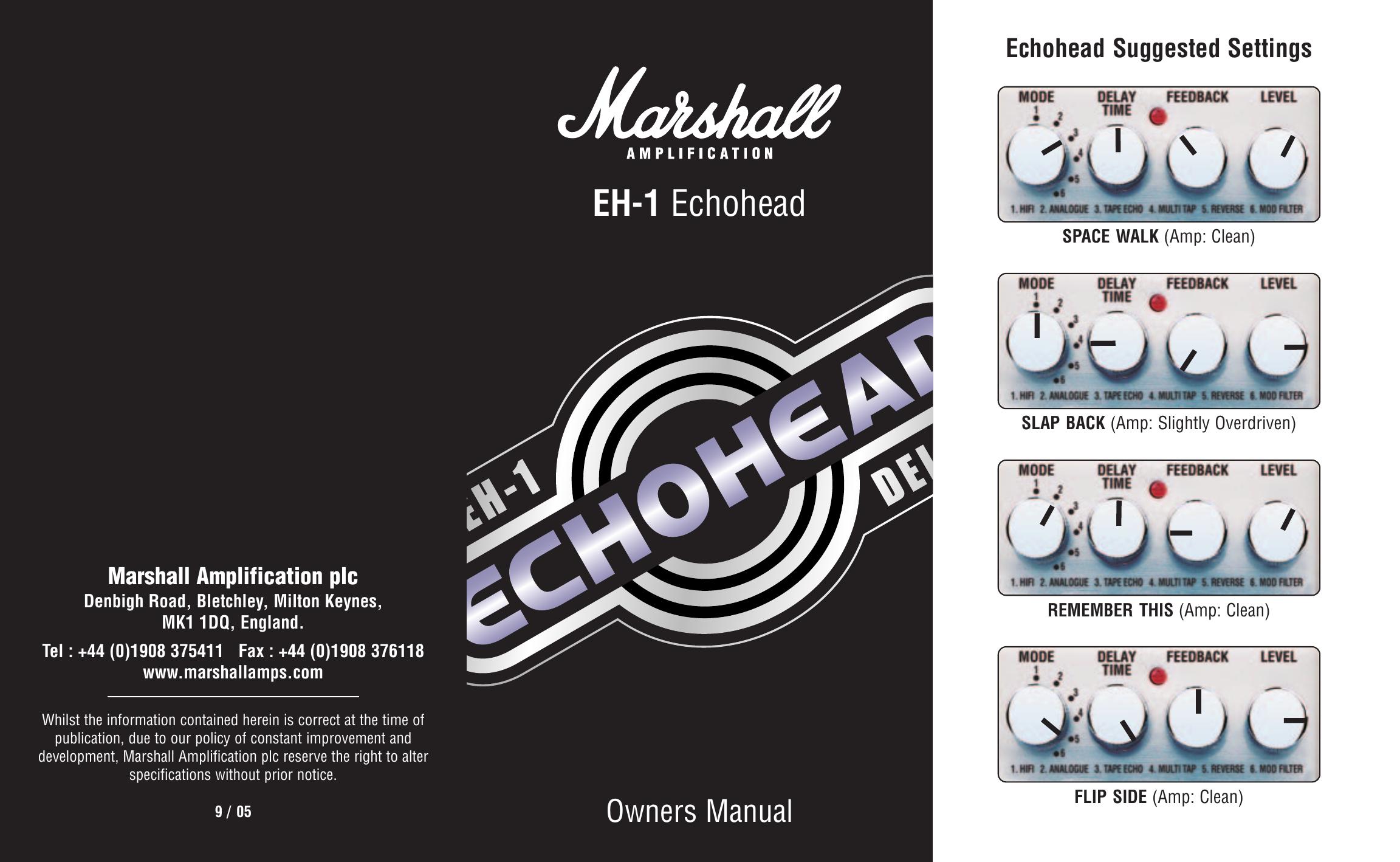 Marshall Amplification Echohead Musical Instrument Amplifier User Manual