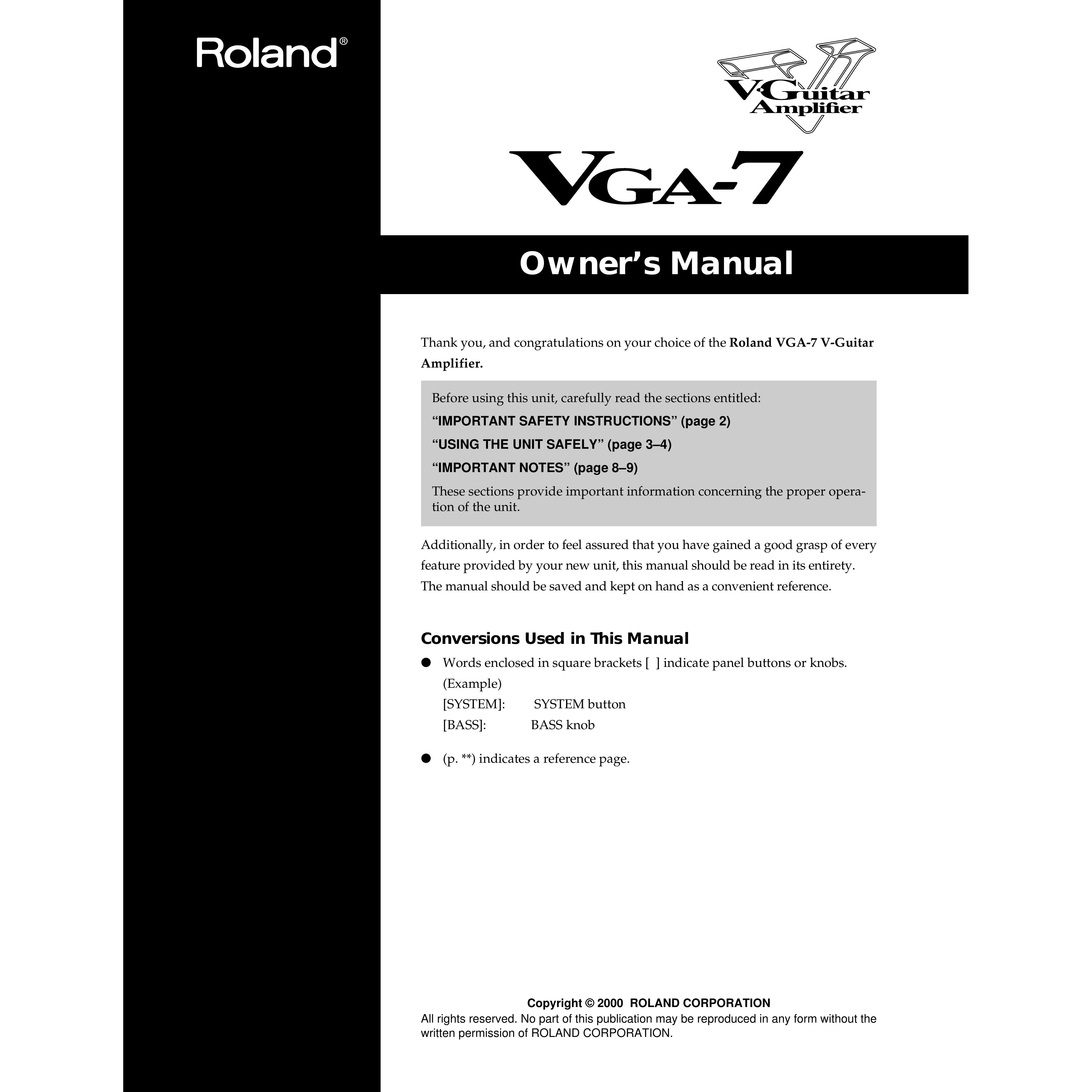 Roland VGA-7 Musical Instrument Amplifier User Manual