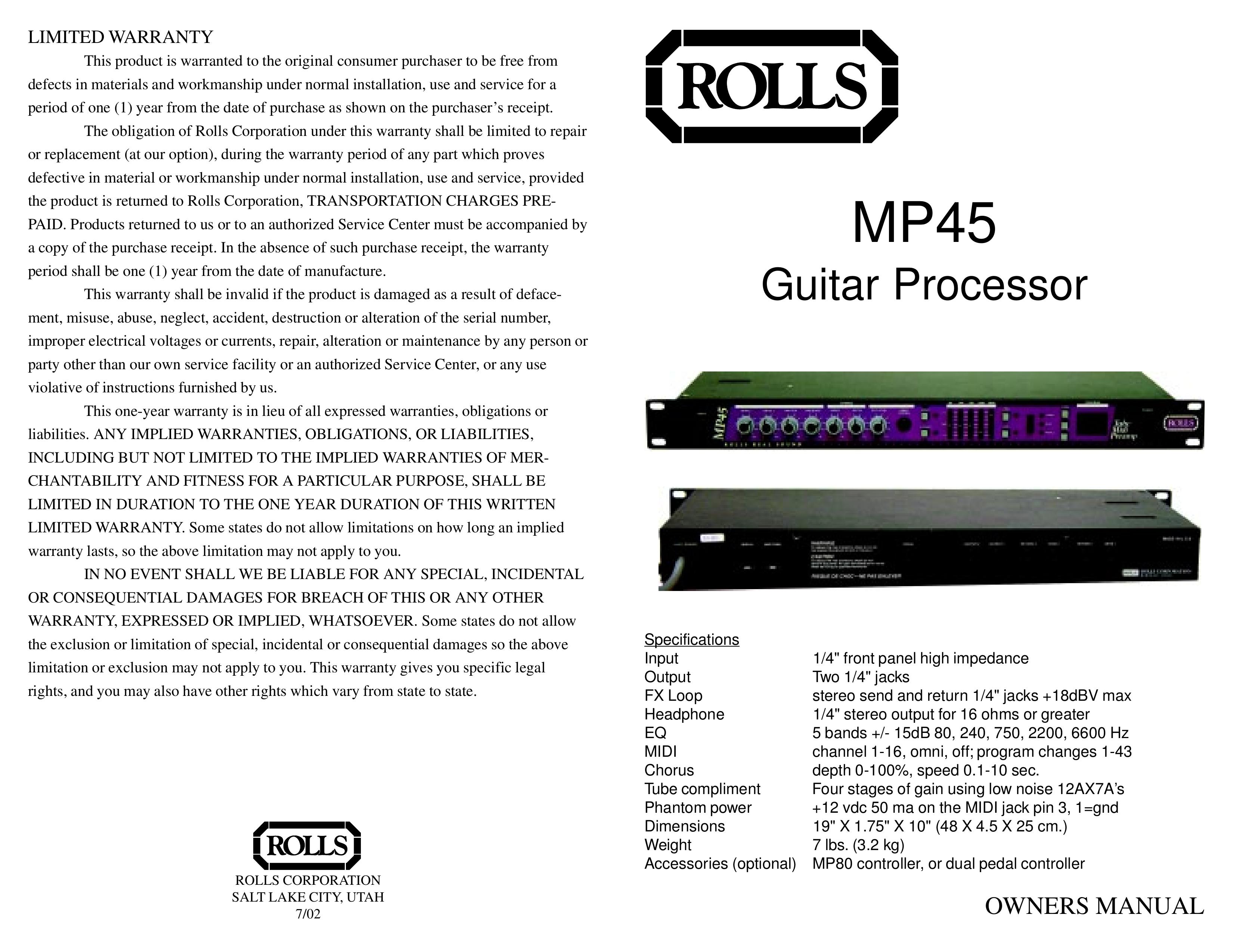 Rolls MP45 Musical Instrument Amplifier User Manual