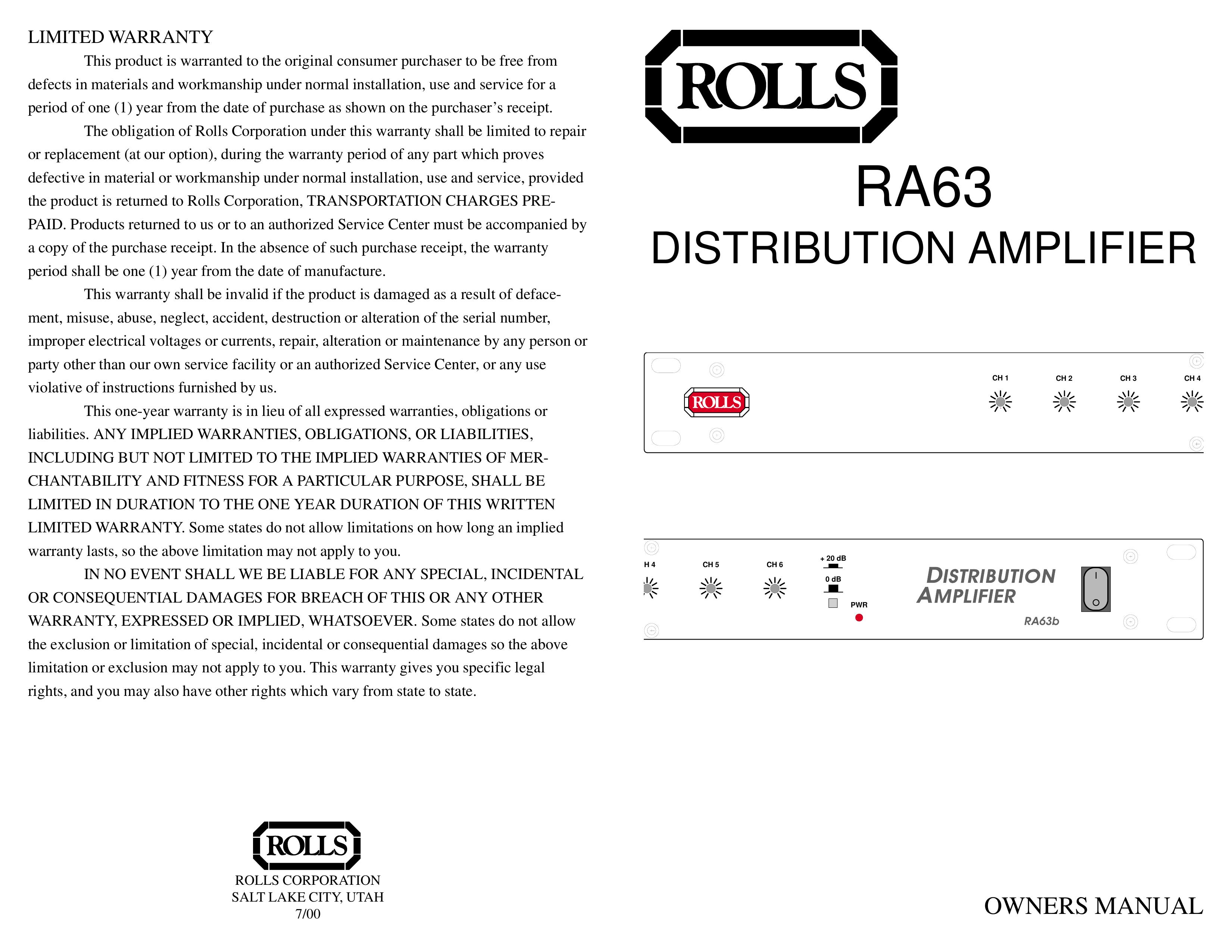 Rolls RA63 Musical Instrument Amplifier User Manual