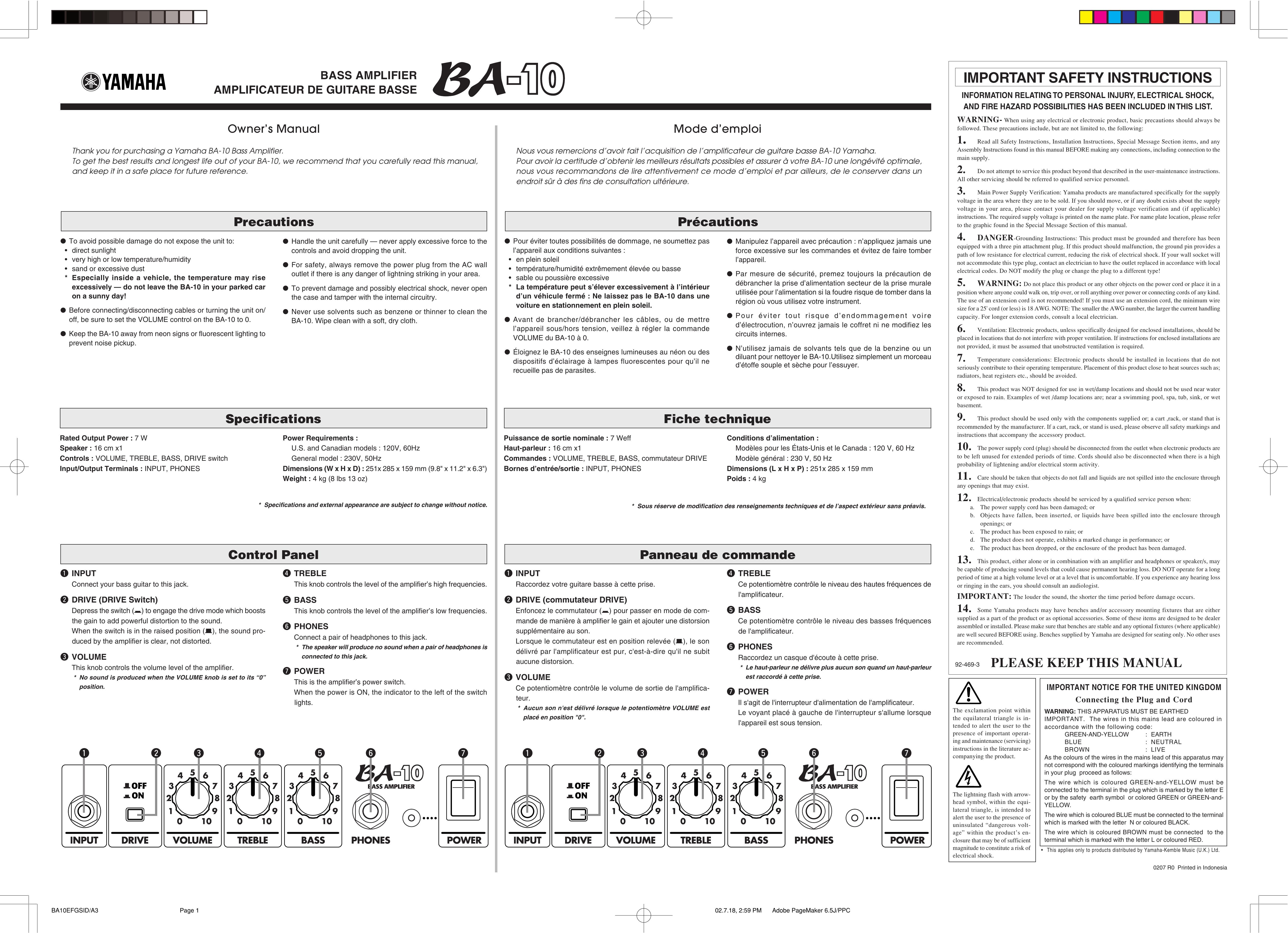 Yamaha BA-10 Musical Instrument Amplifier User Manual