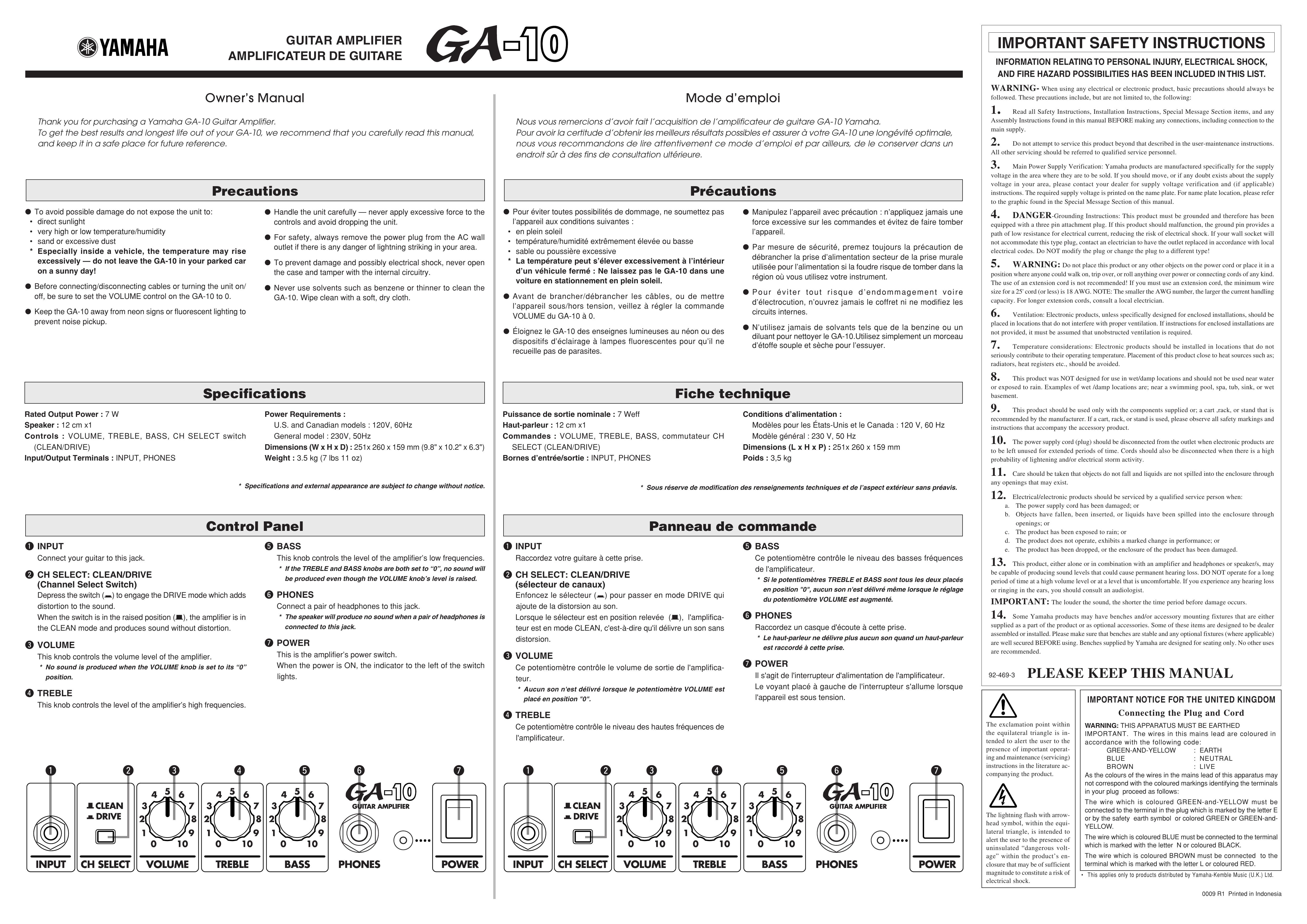 Yamaha GA-10 Musical Instrument Amplifier User Manual