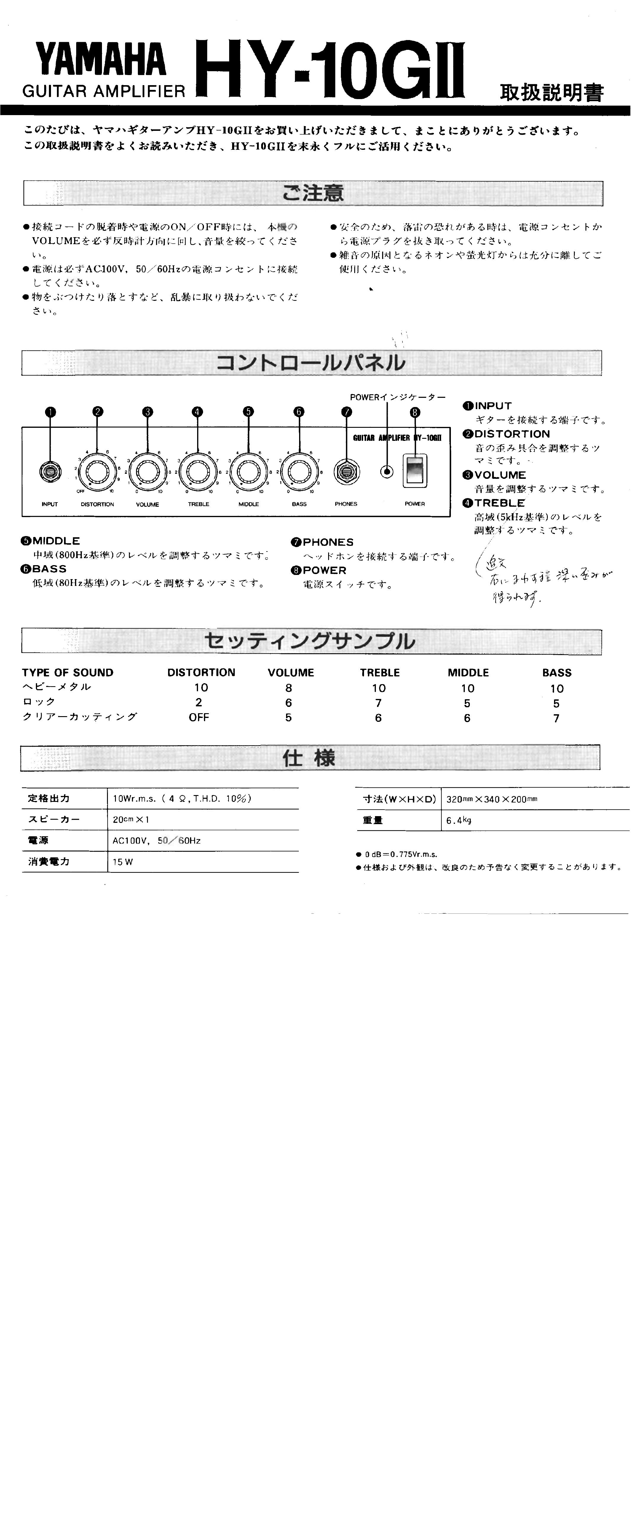 Yamaha HY-10GII Musical Instrument Amplifier User Manual