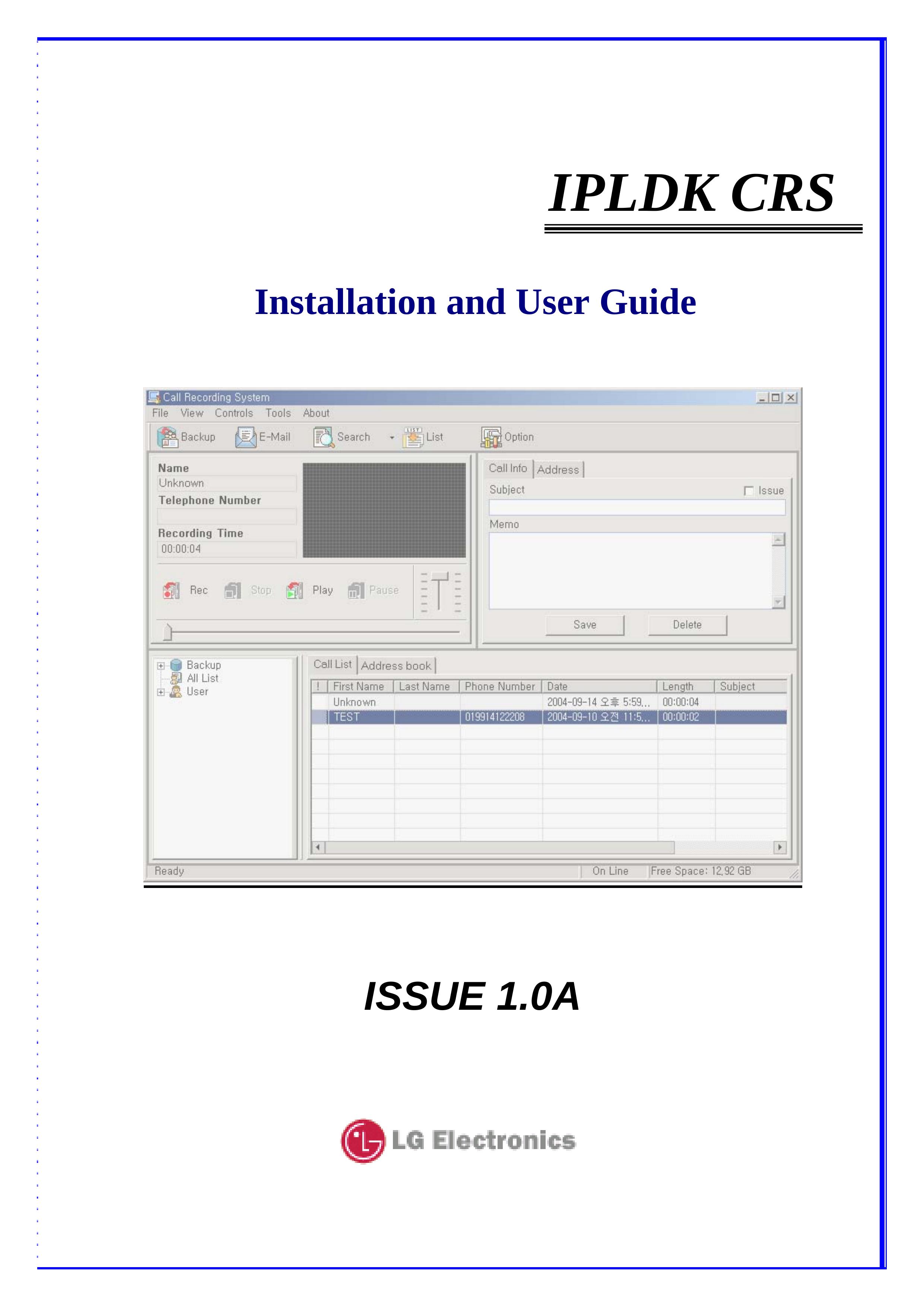 LG Electronics IPLDK CRS Recording Equipment User Manual