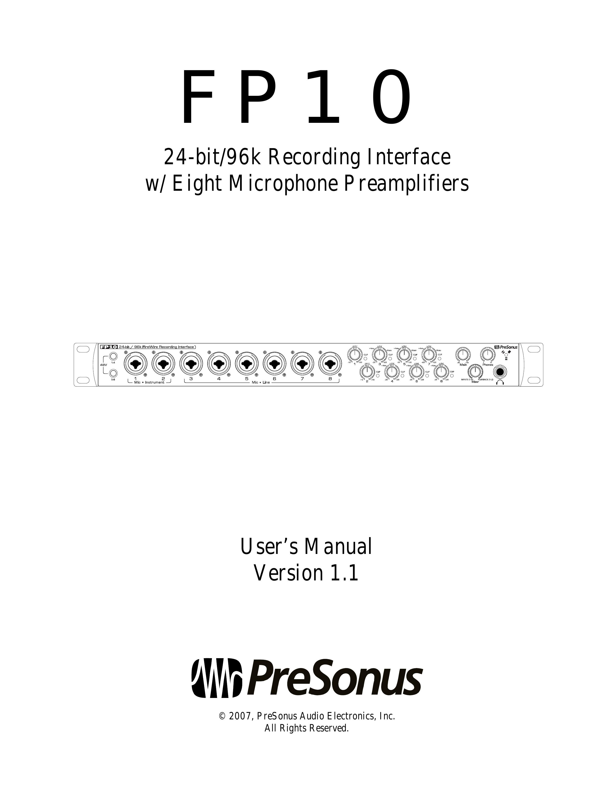 Presonus Audio electronic FP10 Recording Equipment User Manual