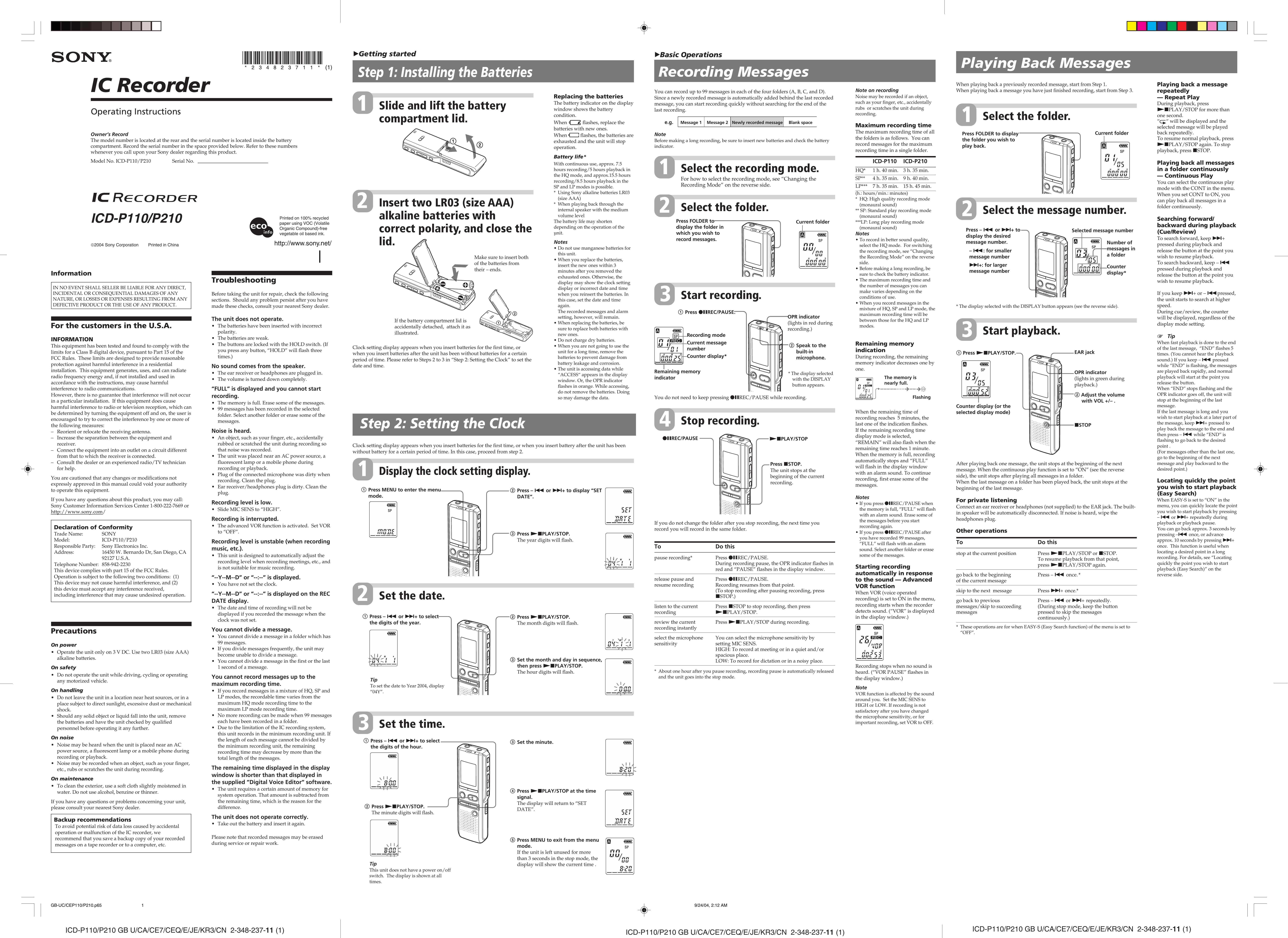 Sony ICD-P110 Recording Equipment User Manual