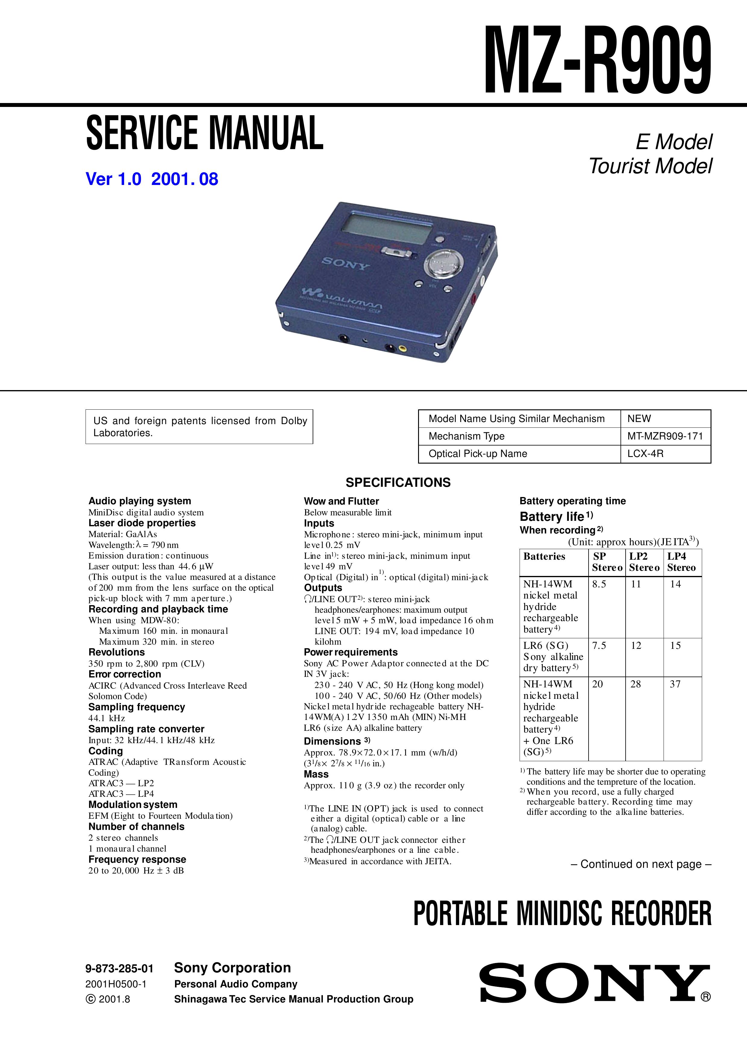 Sony MZ-R909 Recording Equipment User Manual