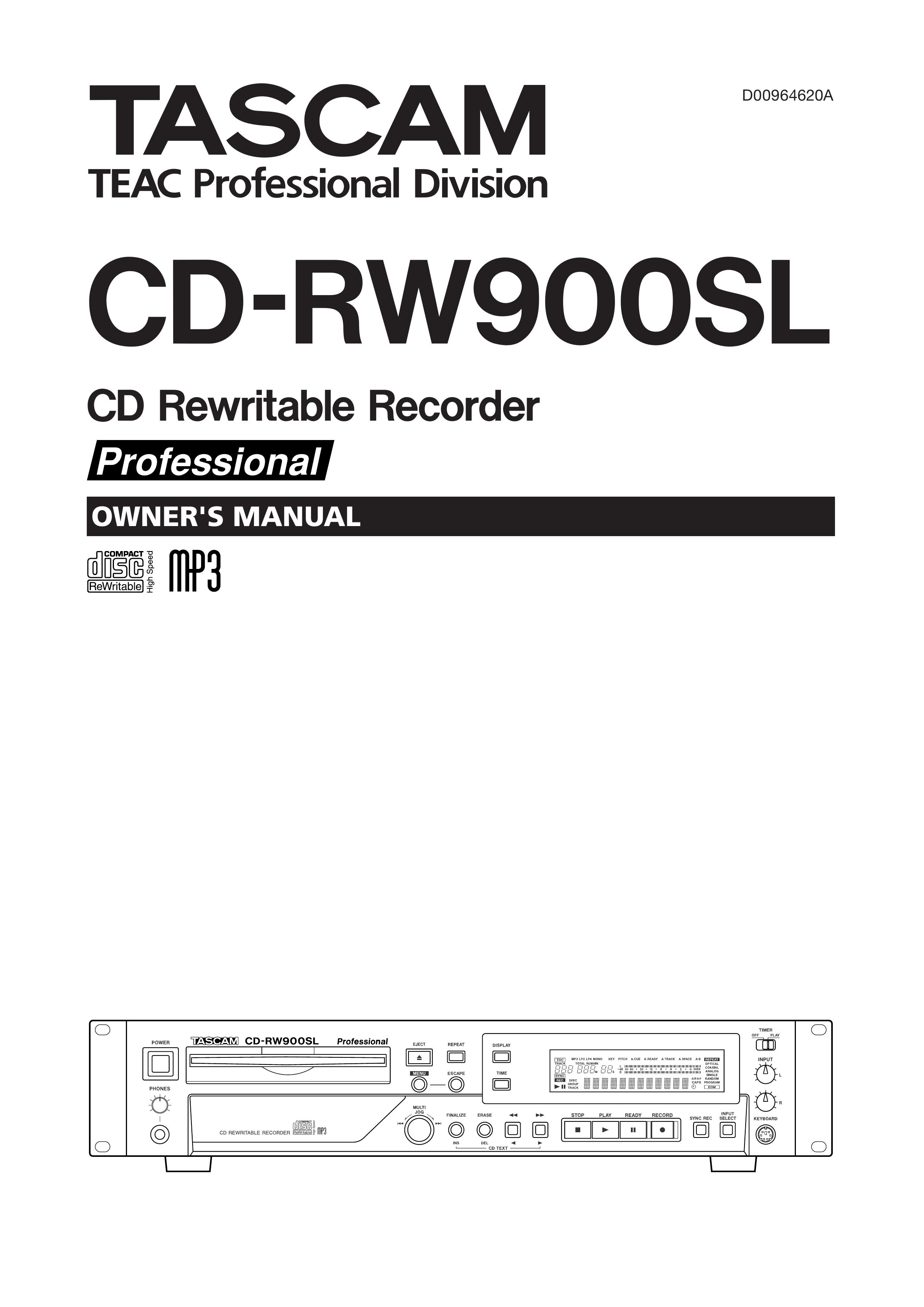 Tascam CD-RW900SL Recording Equipment User Manual