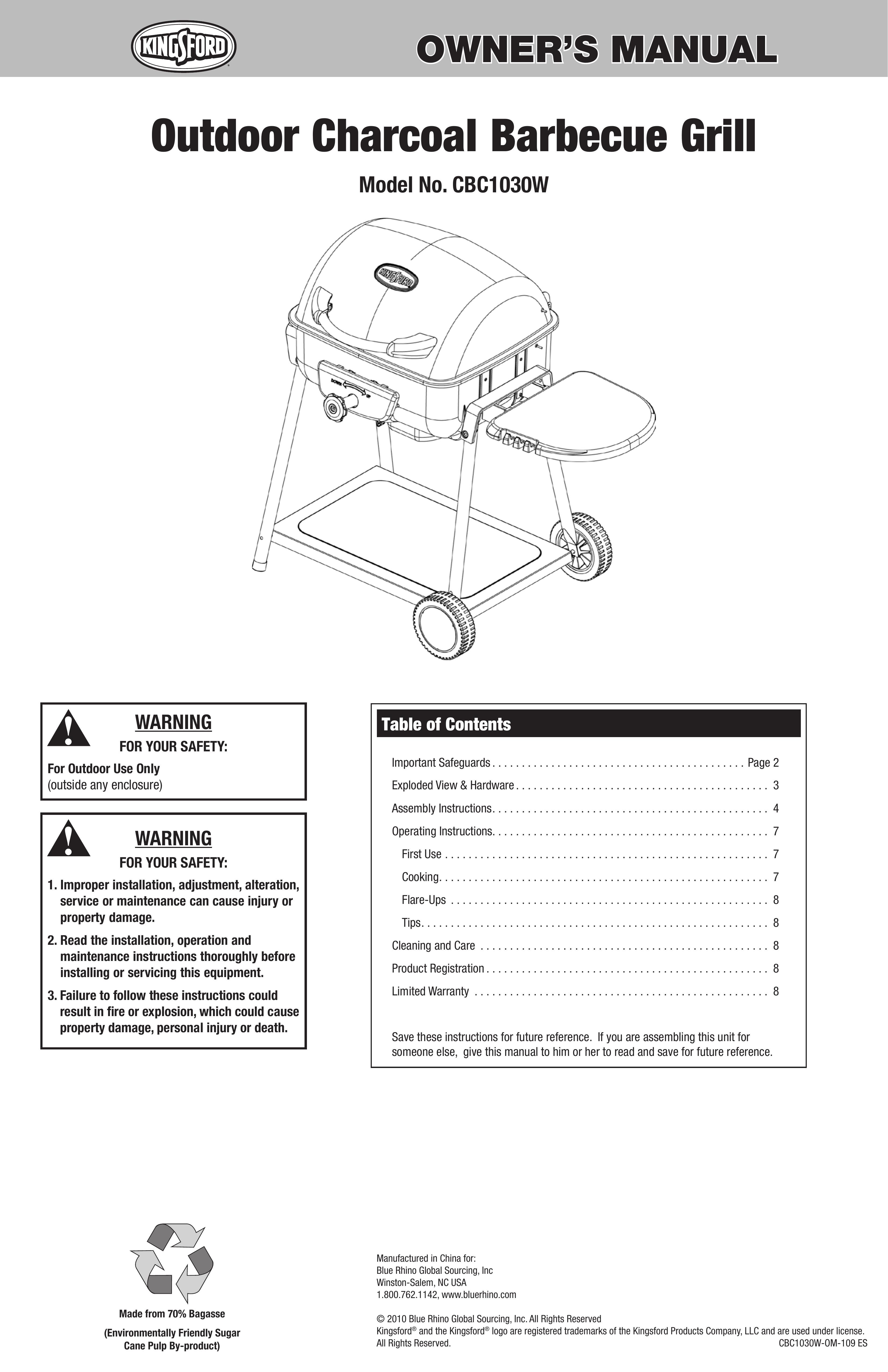 Blue Rhino CBC1030W Charcoal Grill User Manual