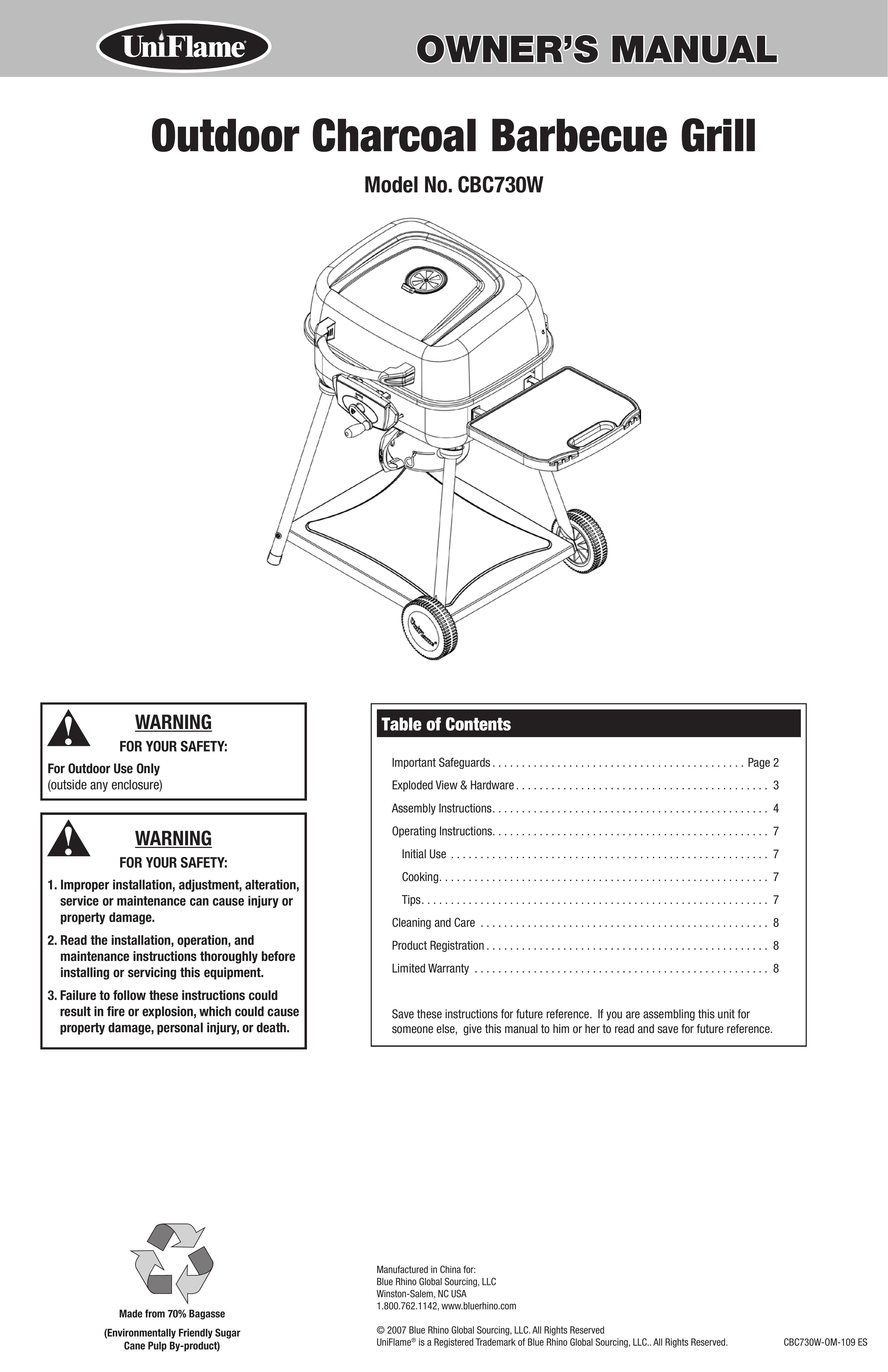 Blue Rhino CBC730W Charcoal Grill User Manual