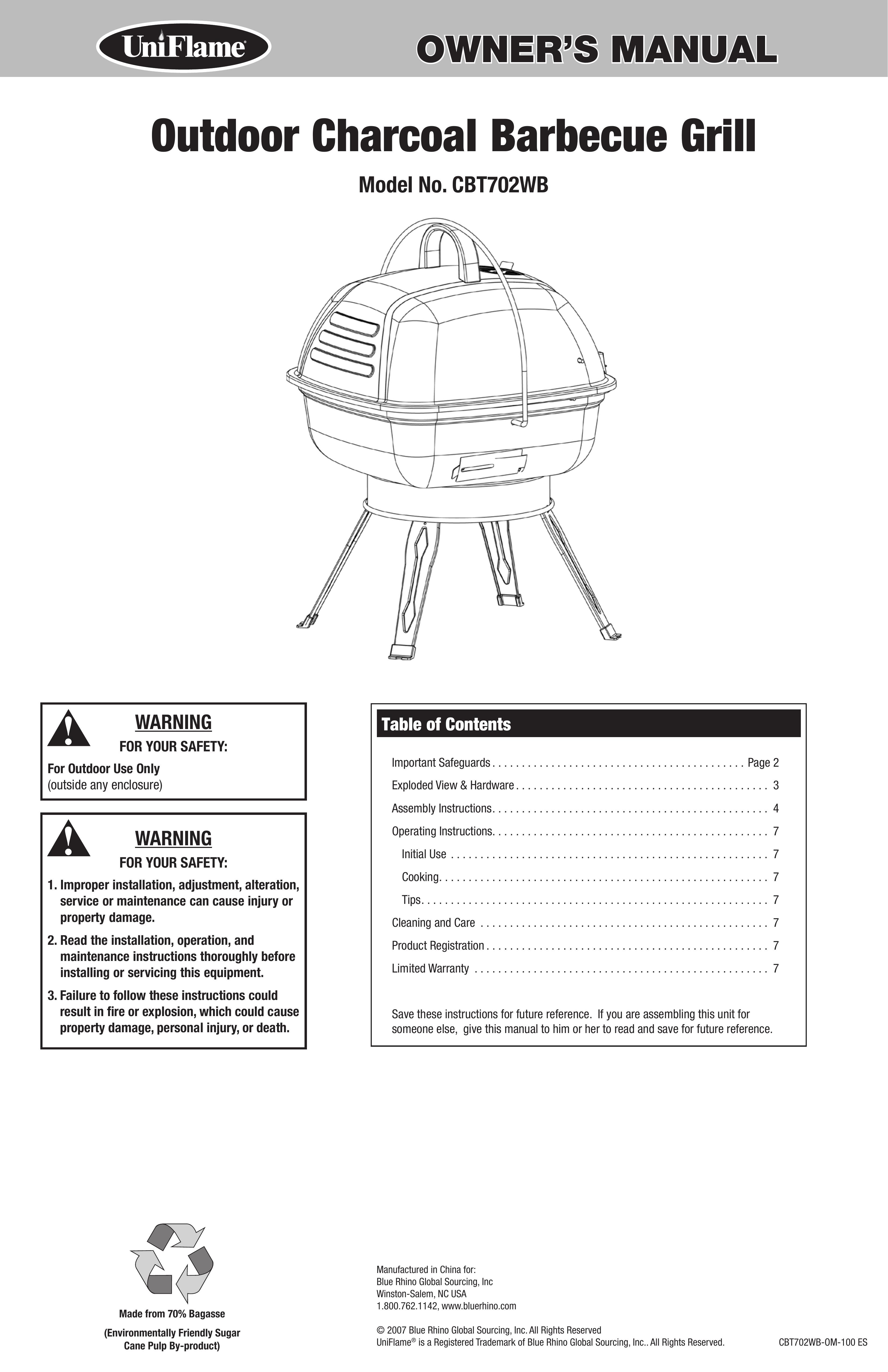 Blue Rhino CBT702WB Charcoal Grill User Manual