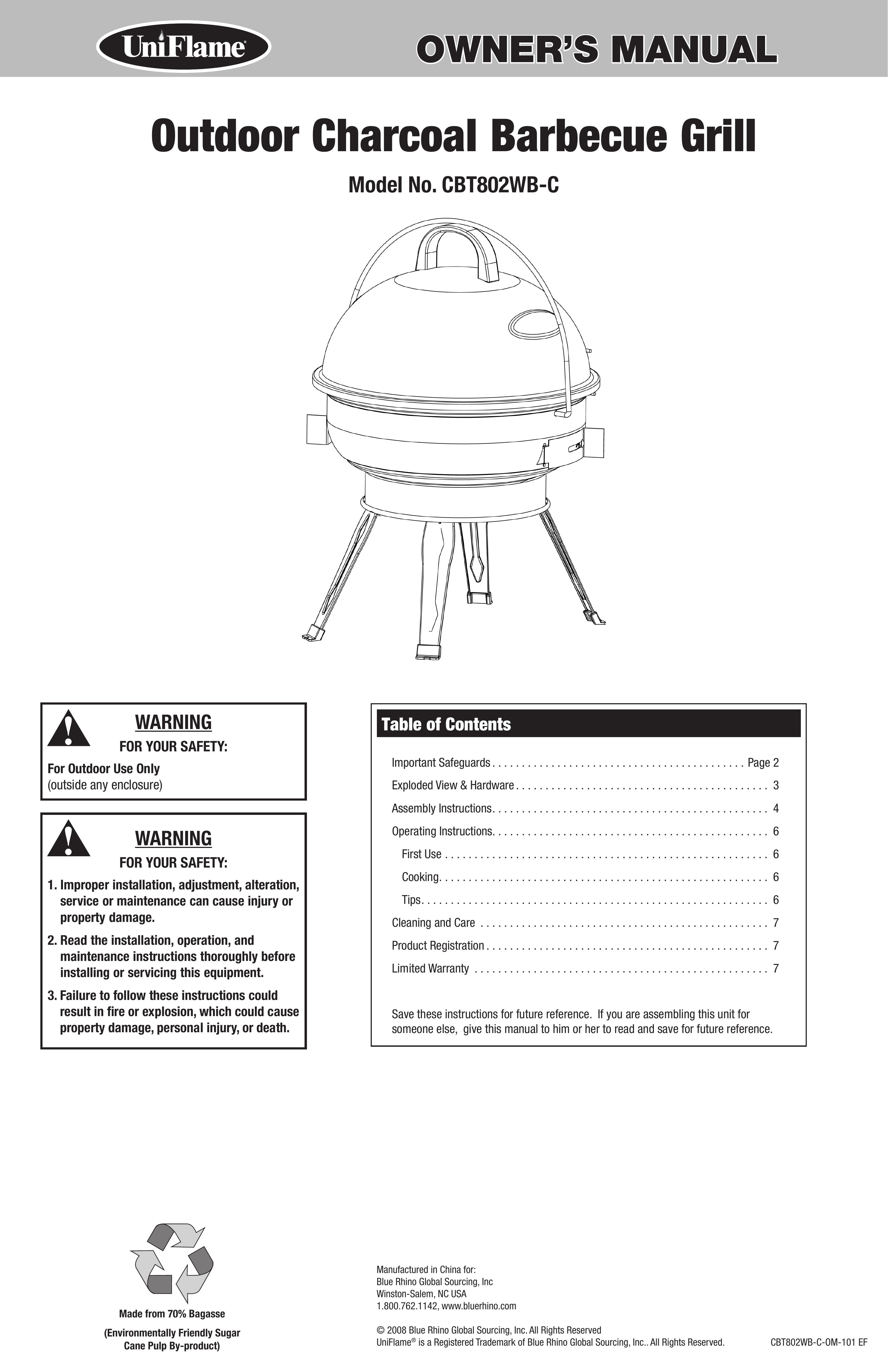 Blue Rhino CBT802WB-C Charcoal Grill User Manual