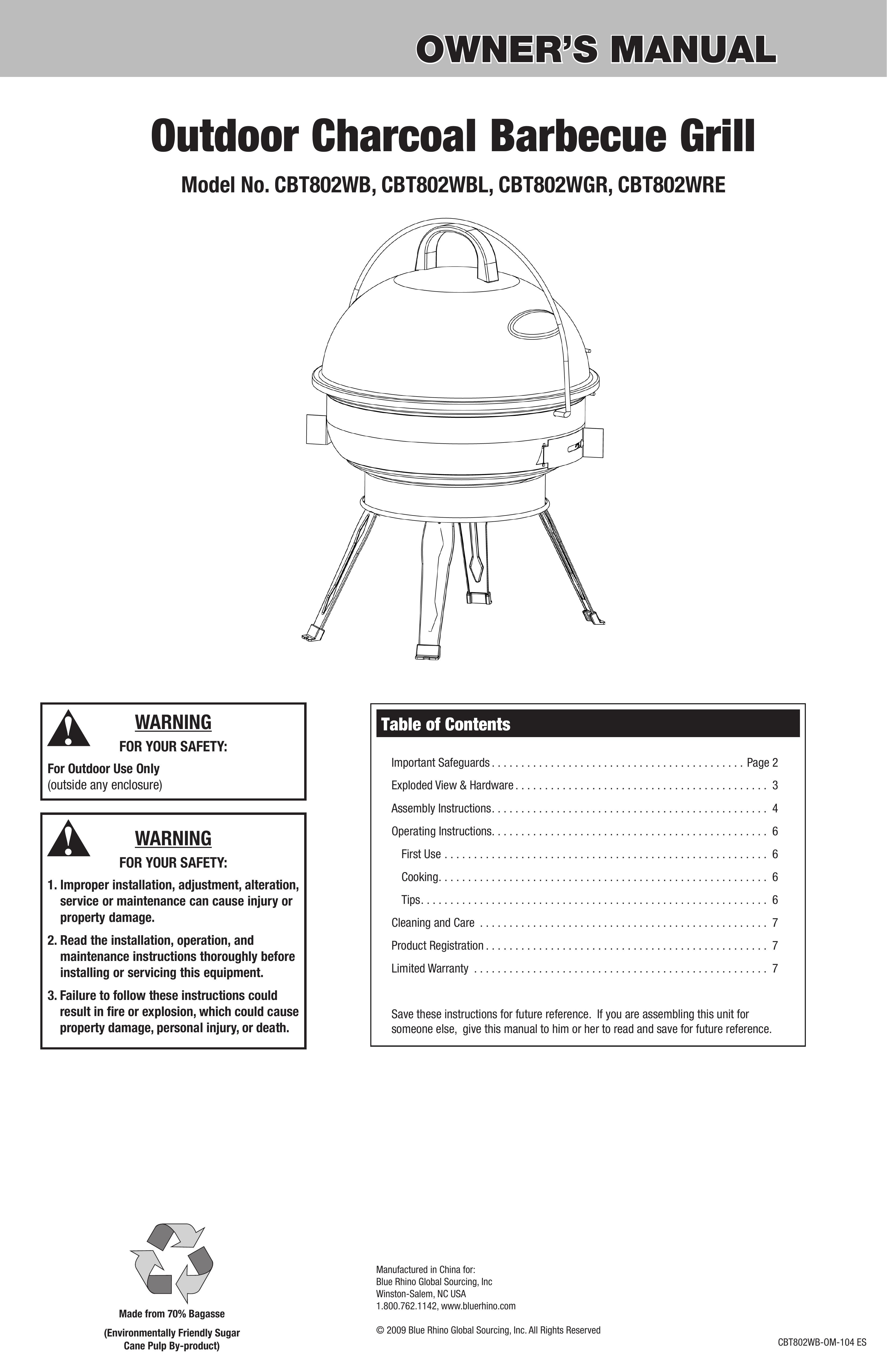 Blue Rhino CBT802WBL Charcoal Grill User Manual
