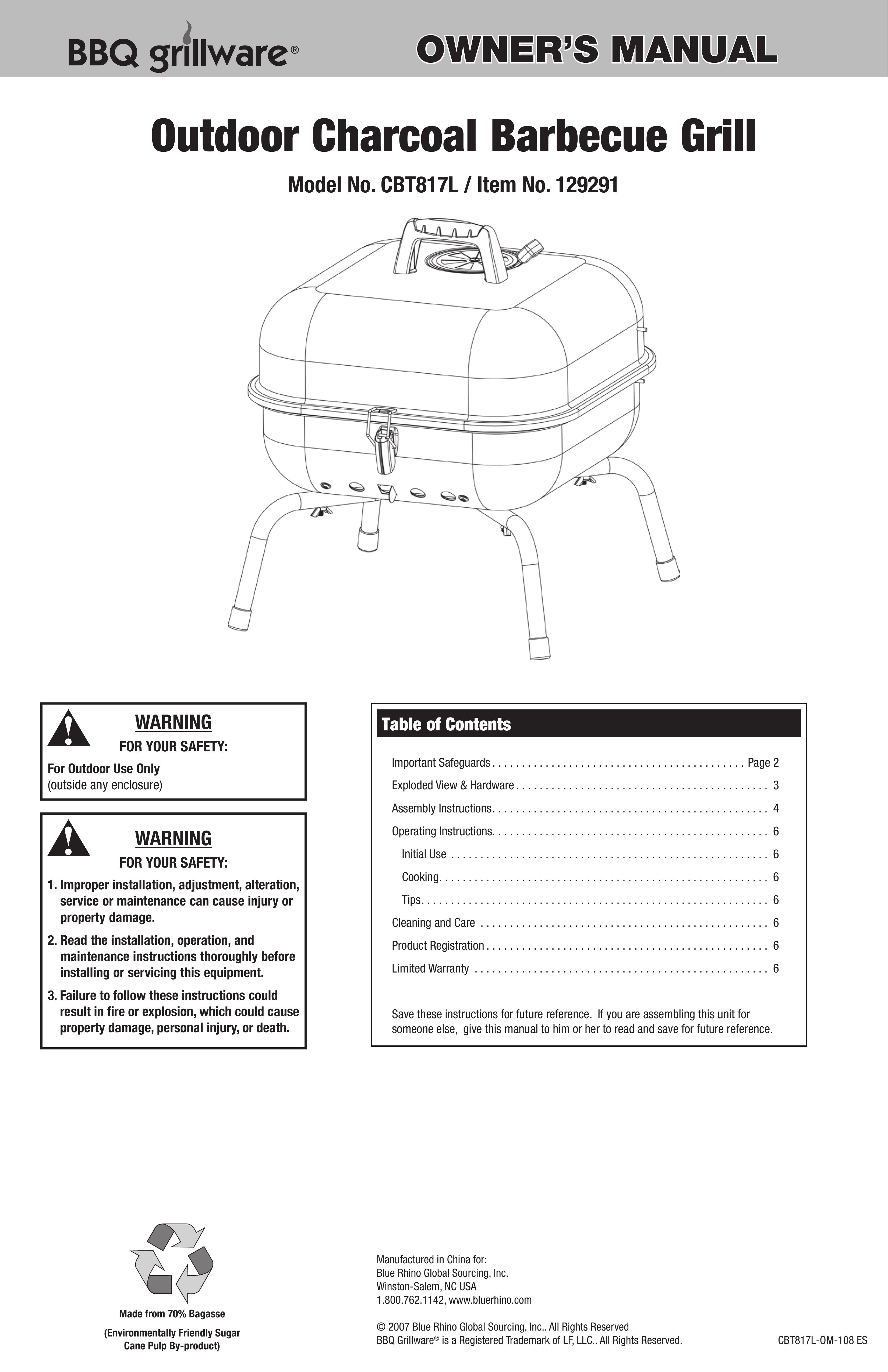 Blue Rhino CBT817L Charcoal Grill User Manual