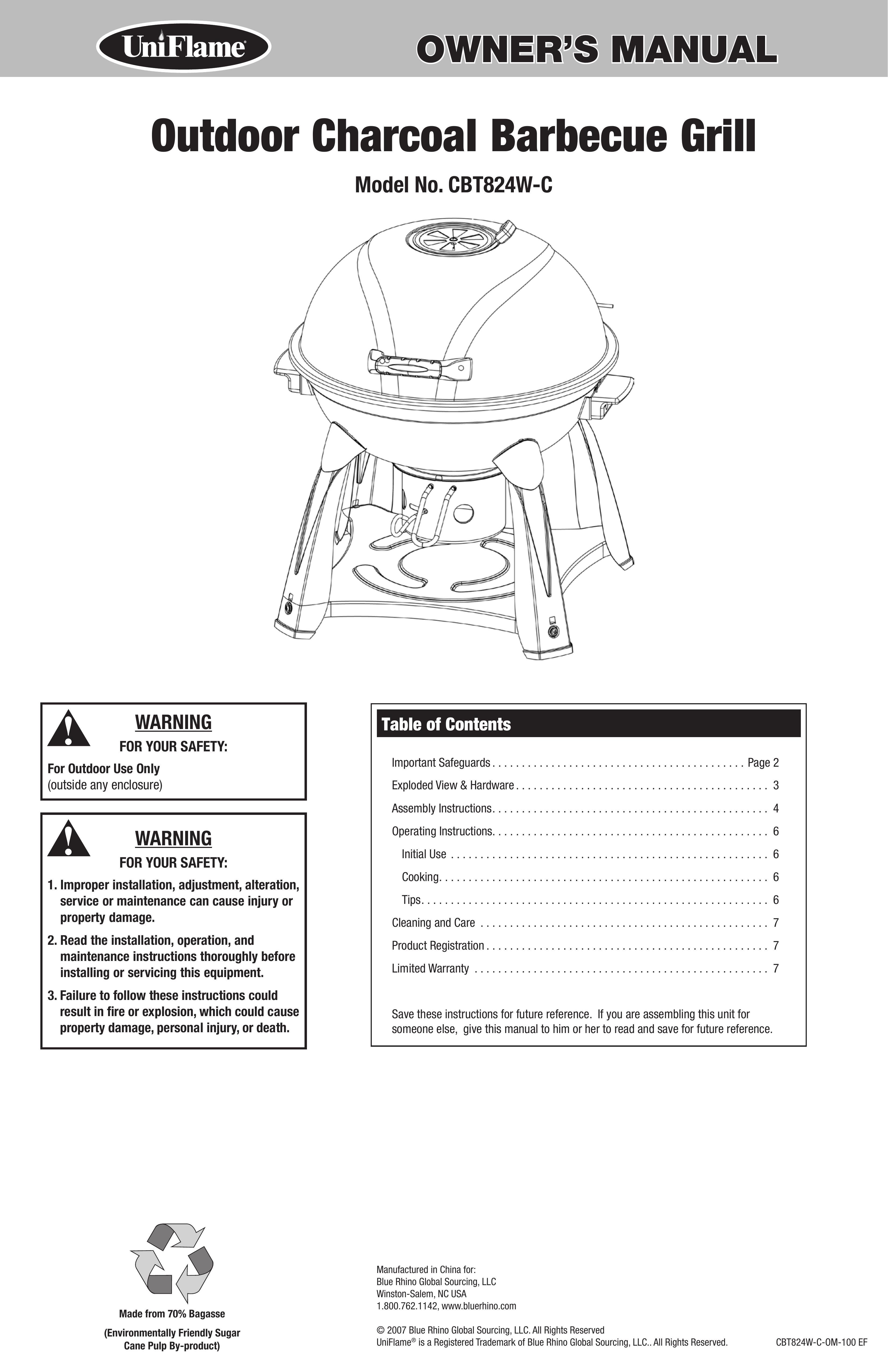 Blue Rhino CBT824W-C Charcoal Grill User Manual