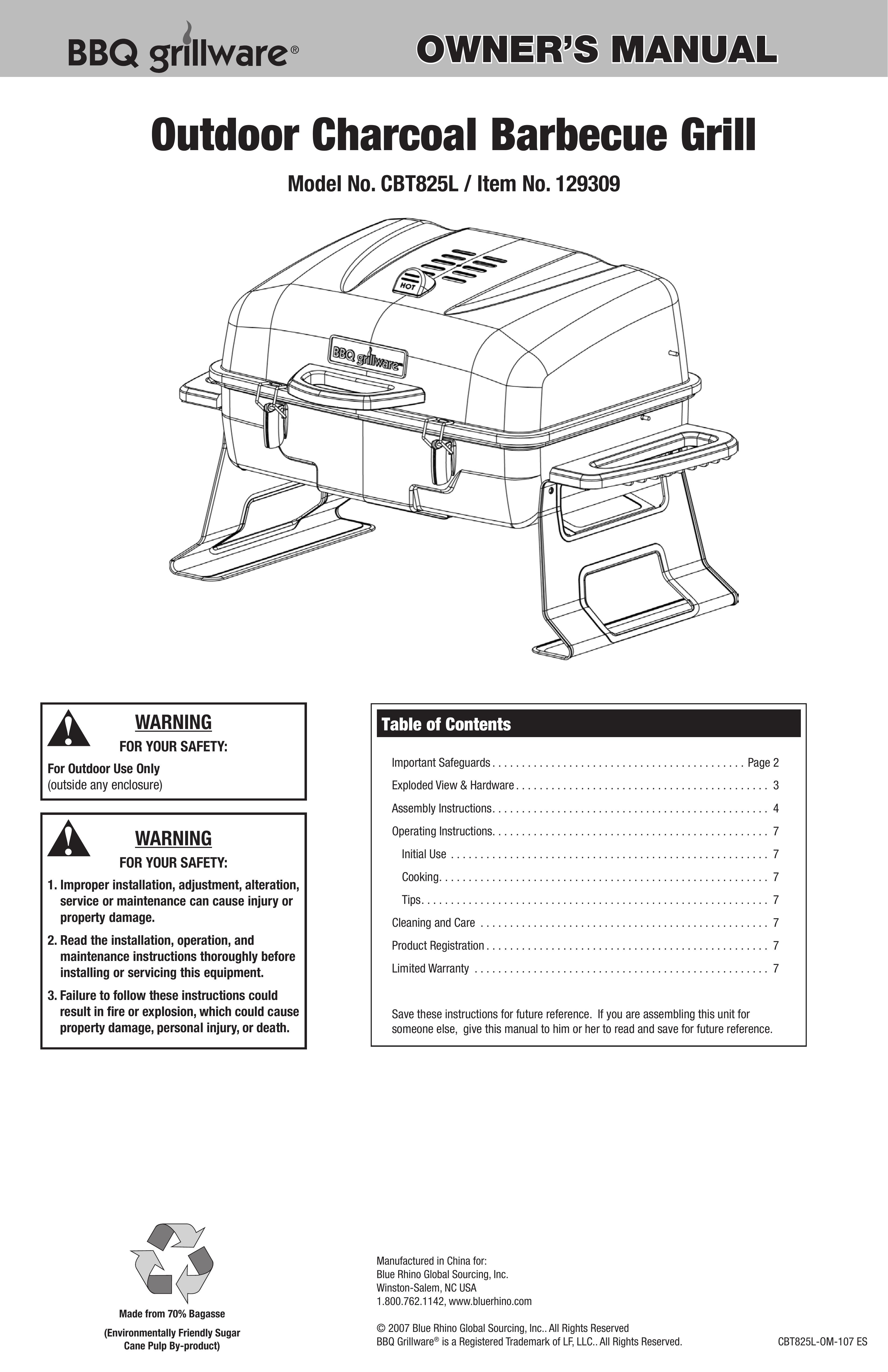 Blue Rhino CBT825L Charcoal Grill User Manual