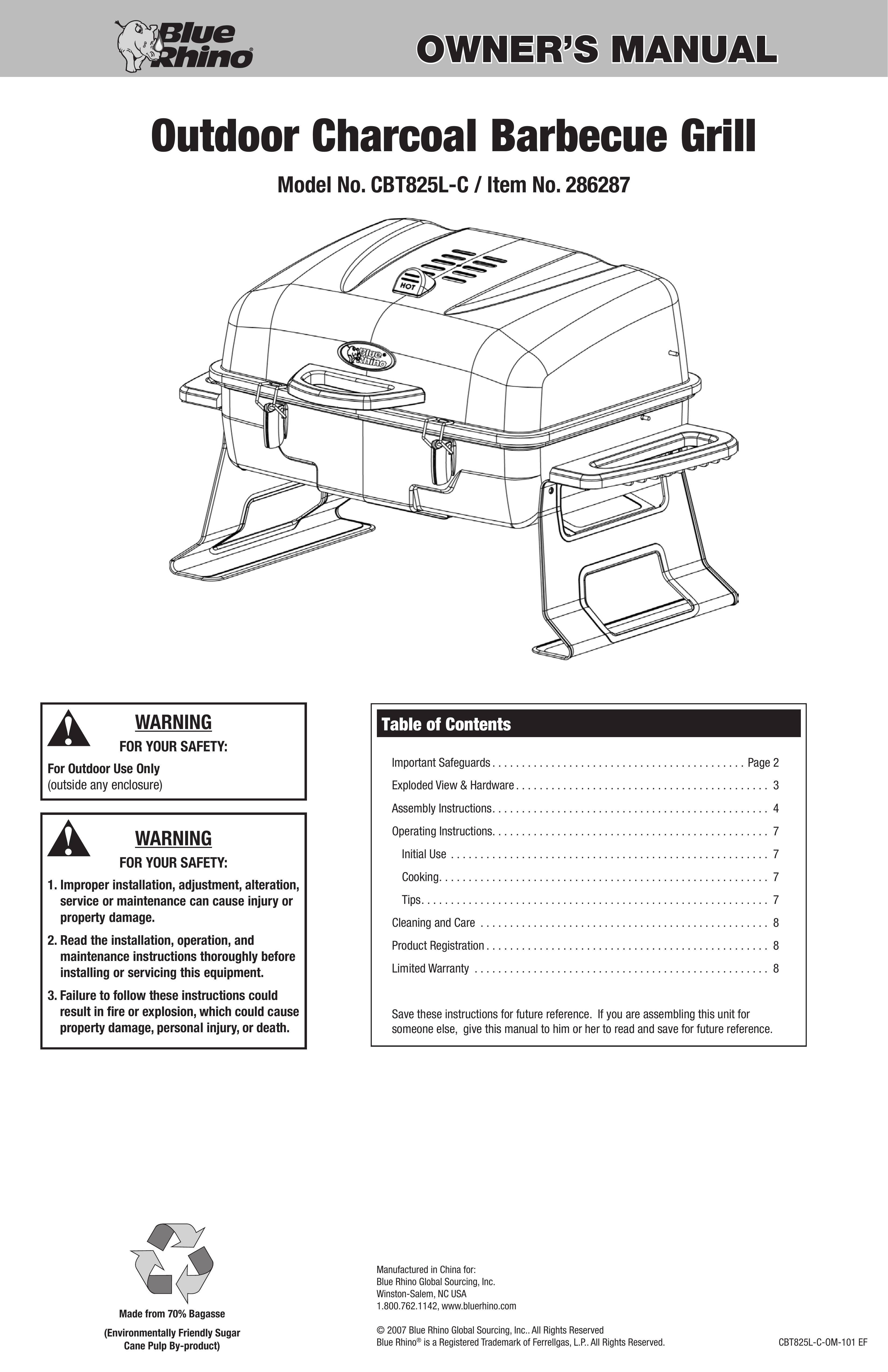 Blue Rhino CBT825L-C Charcoal Grill User Manual