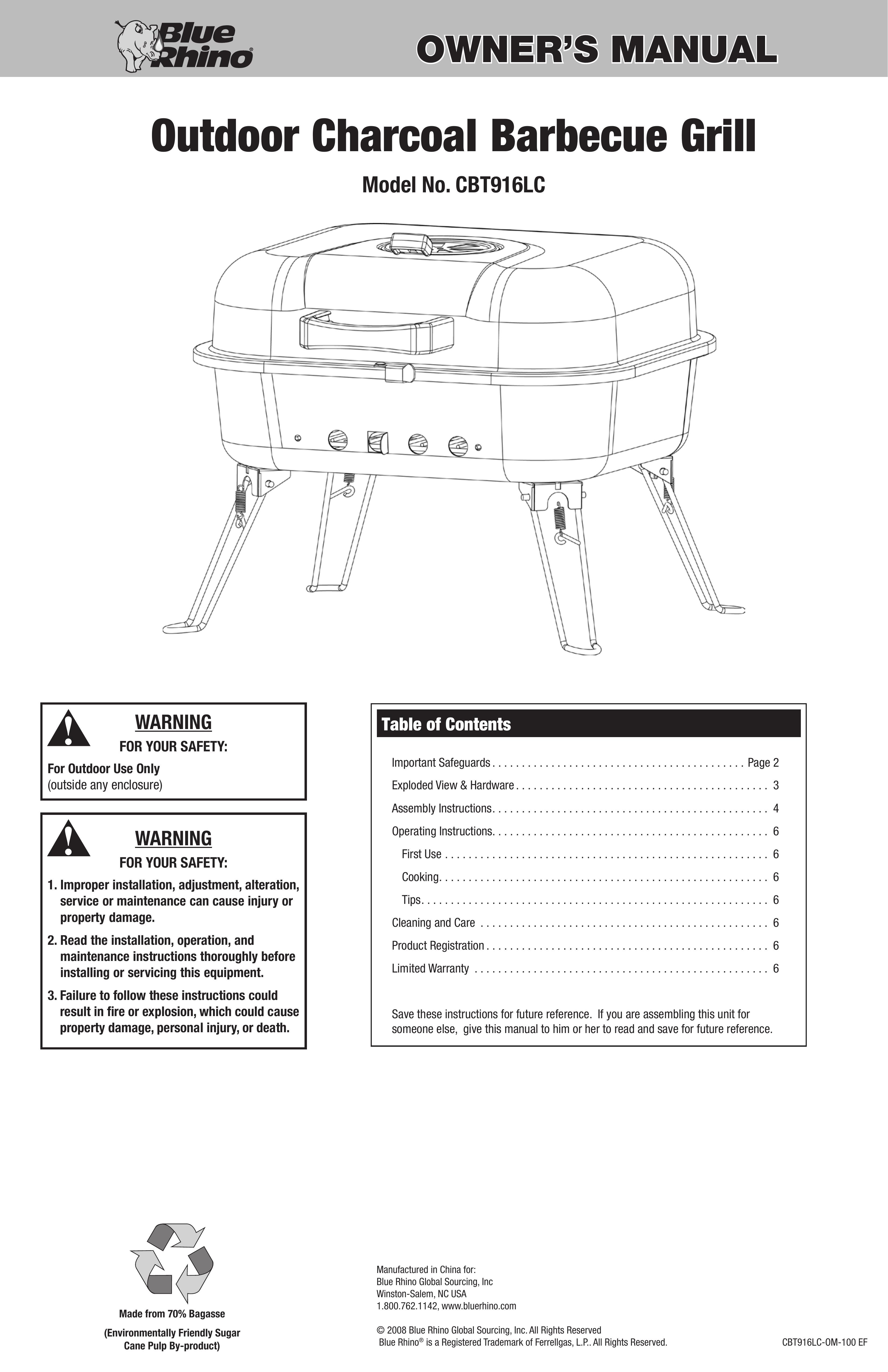 Blue Rhino CBT916LC Charcoal Grill User Manual