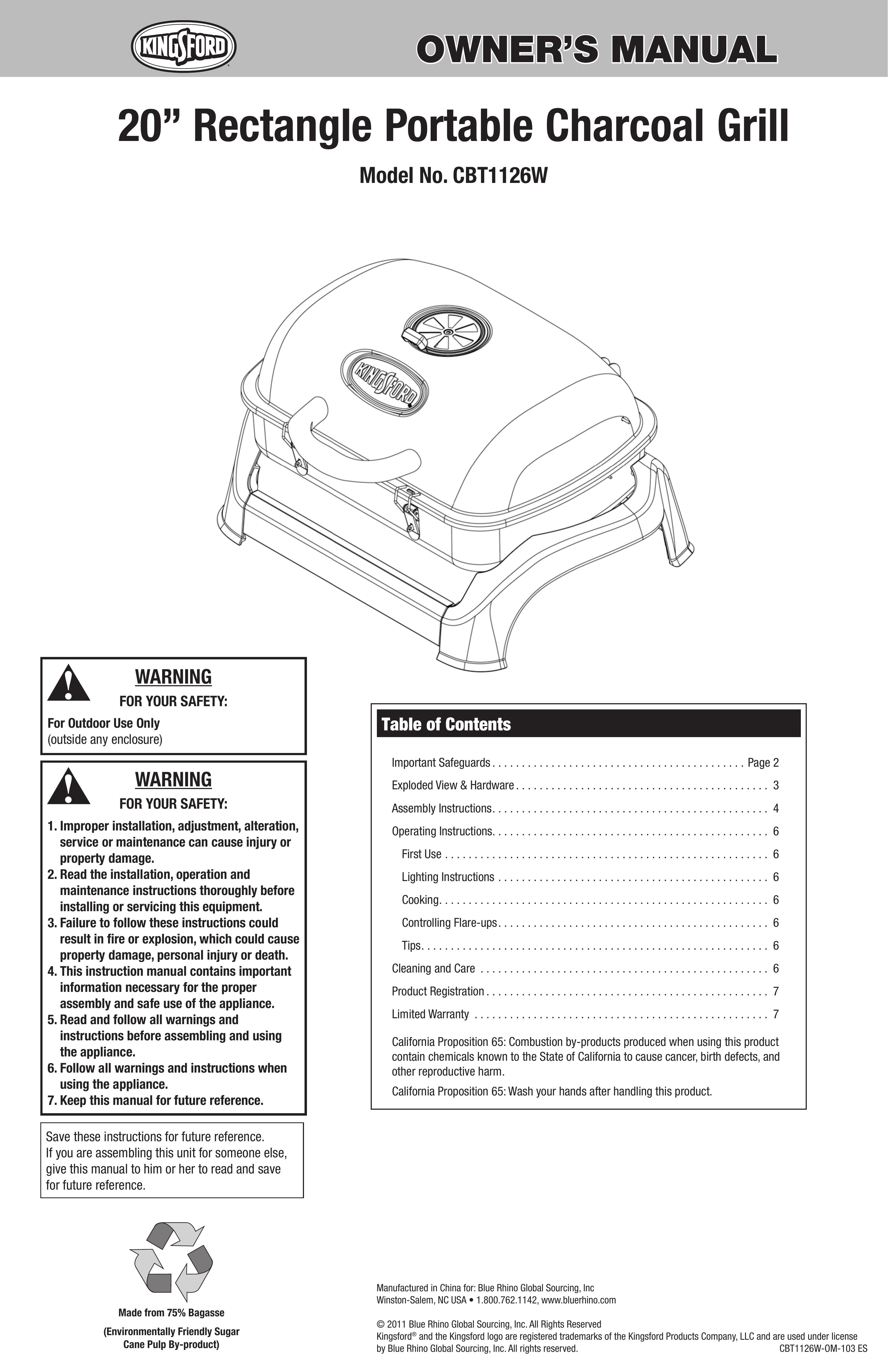 Kingsford CBT1126W Charcoal Grill User Manual