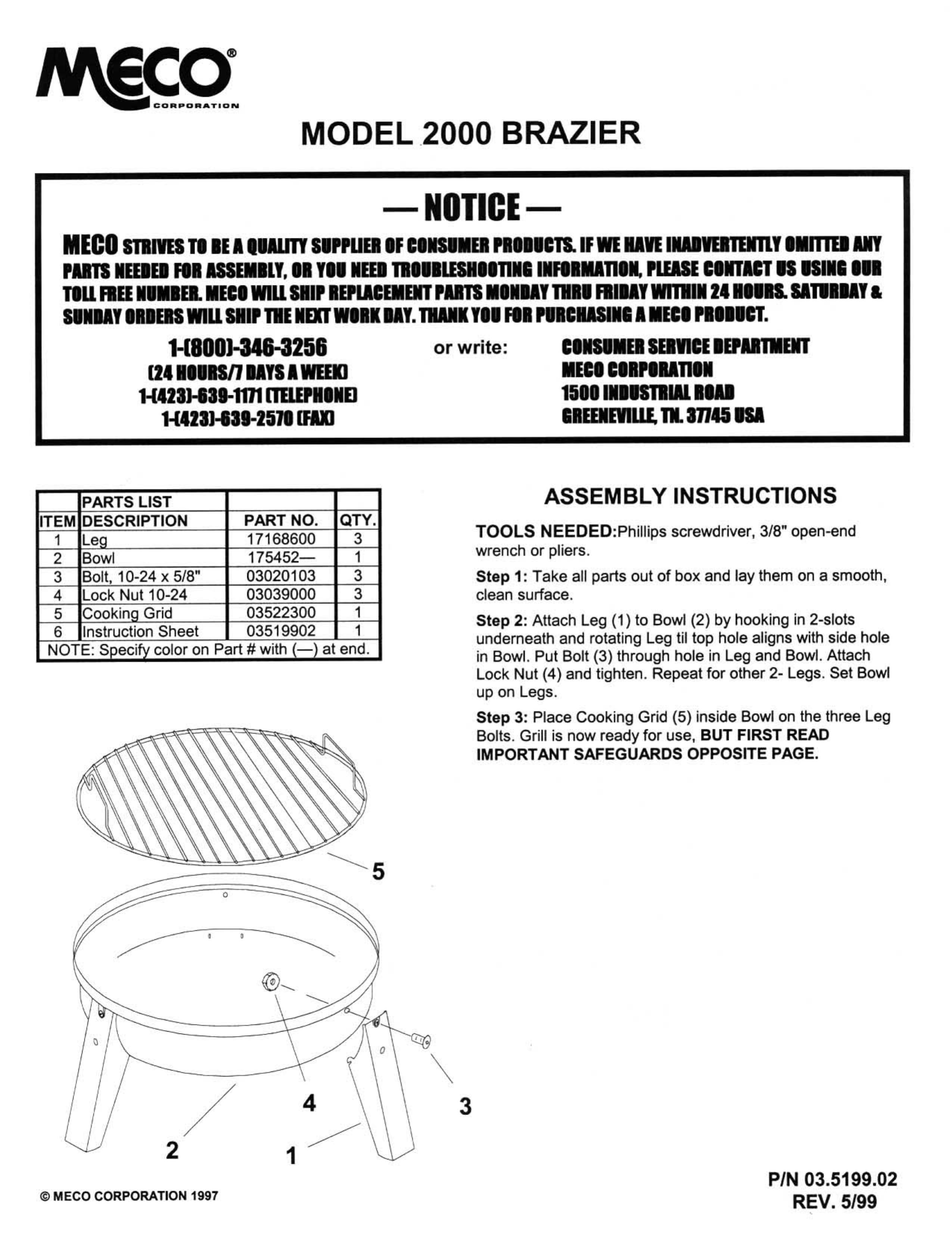 Meco 2000 Brazier Charcoal Grill User Manual
