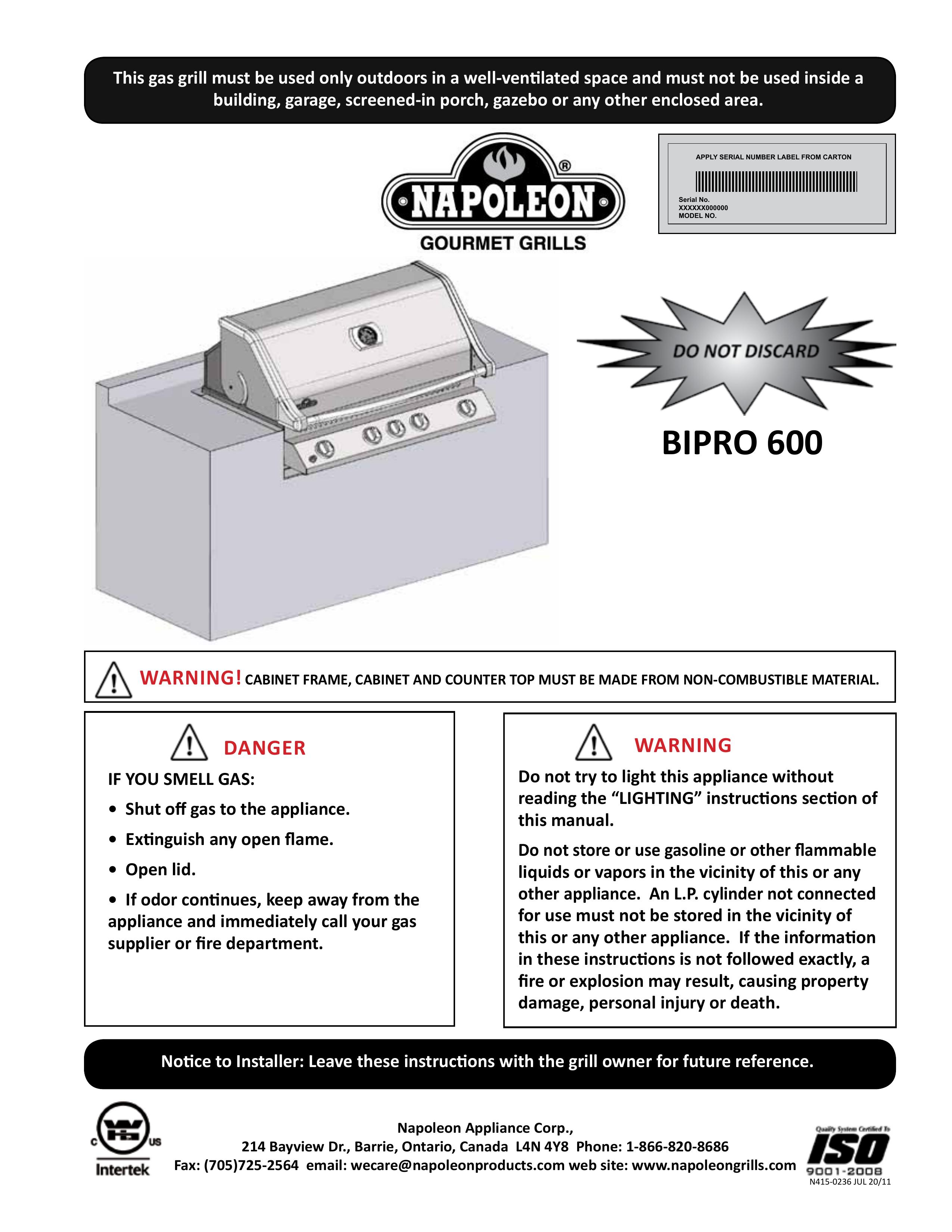 Napoleon Grills BIPRO 600 Charcoal Grill User Manual