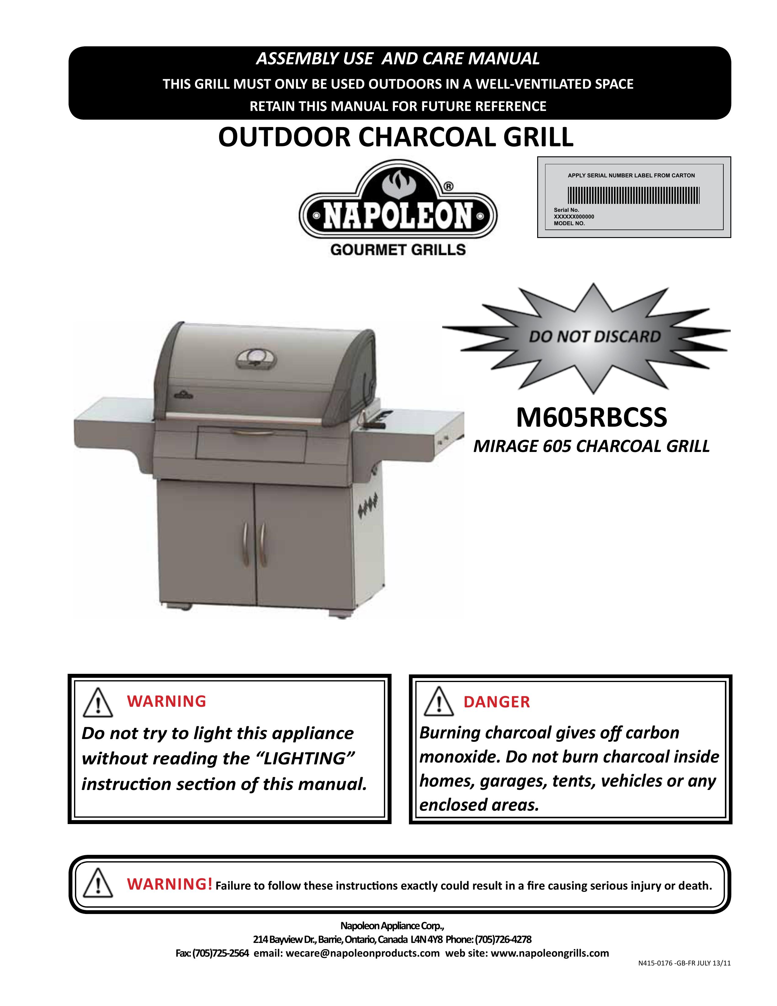 Napoleon Grills M605RBCSS Charcoal Grill User Manual