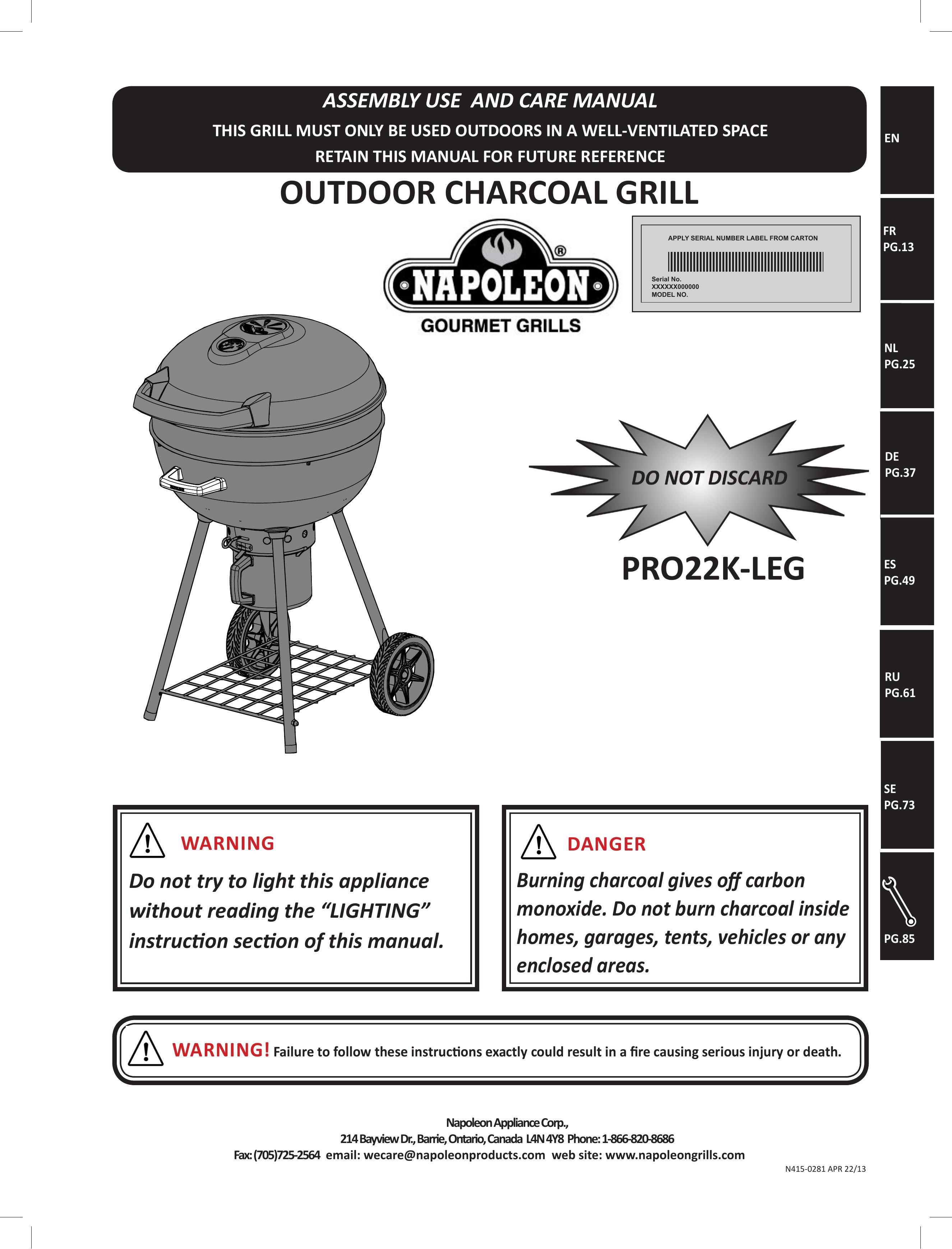 Napoleon Grills PRO22K-LEG Charcoal Grill User Manual