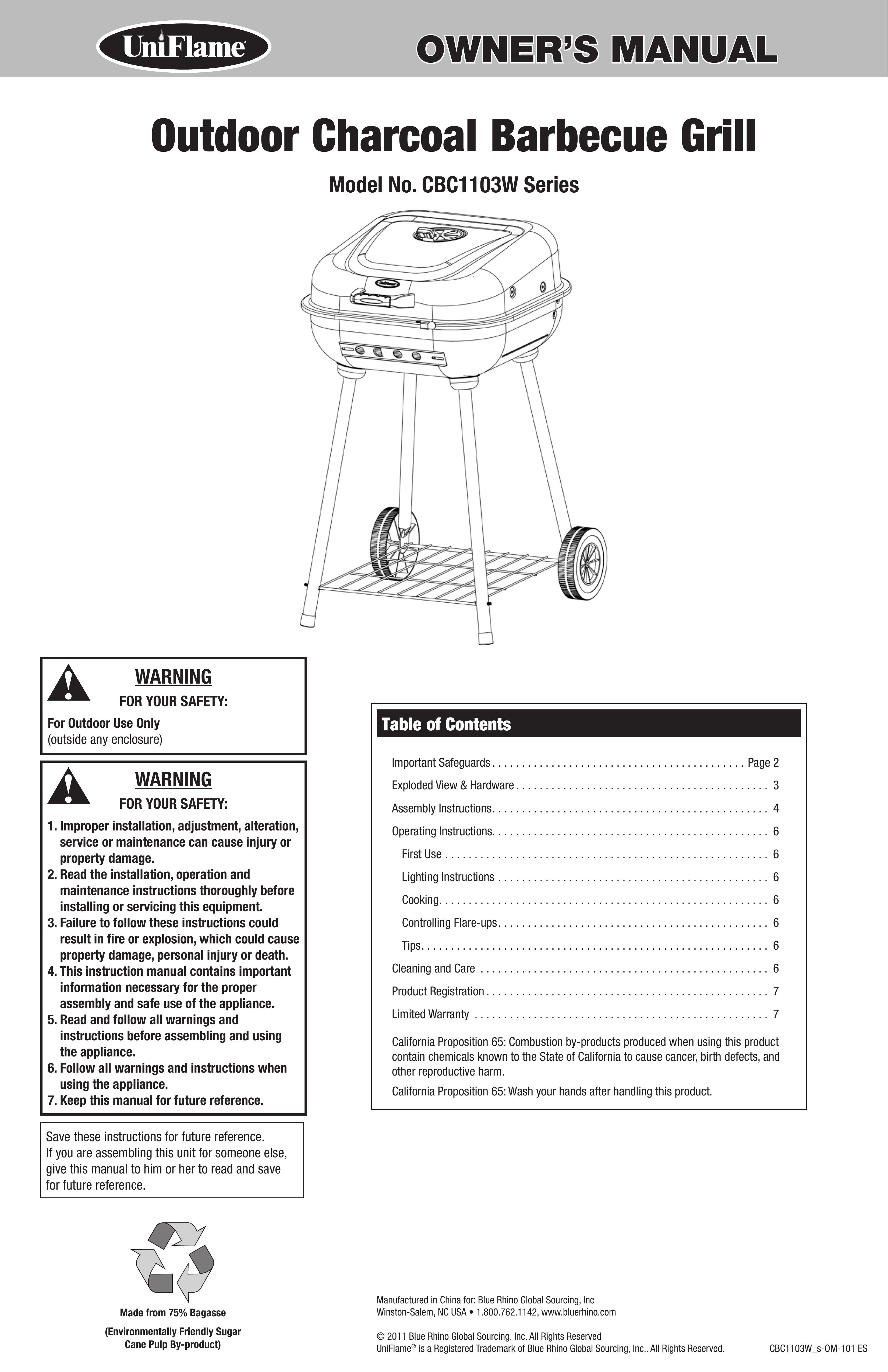 Uniflame CBC1103W Charcoal Grill User Manual