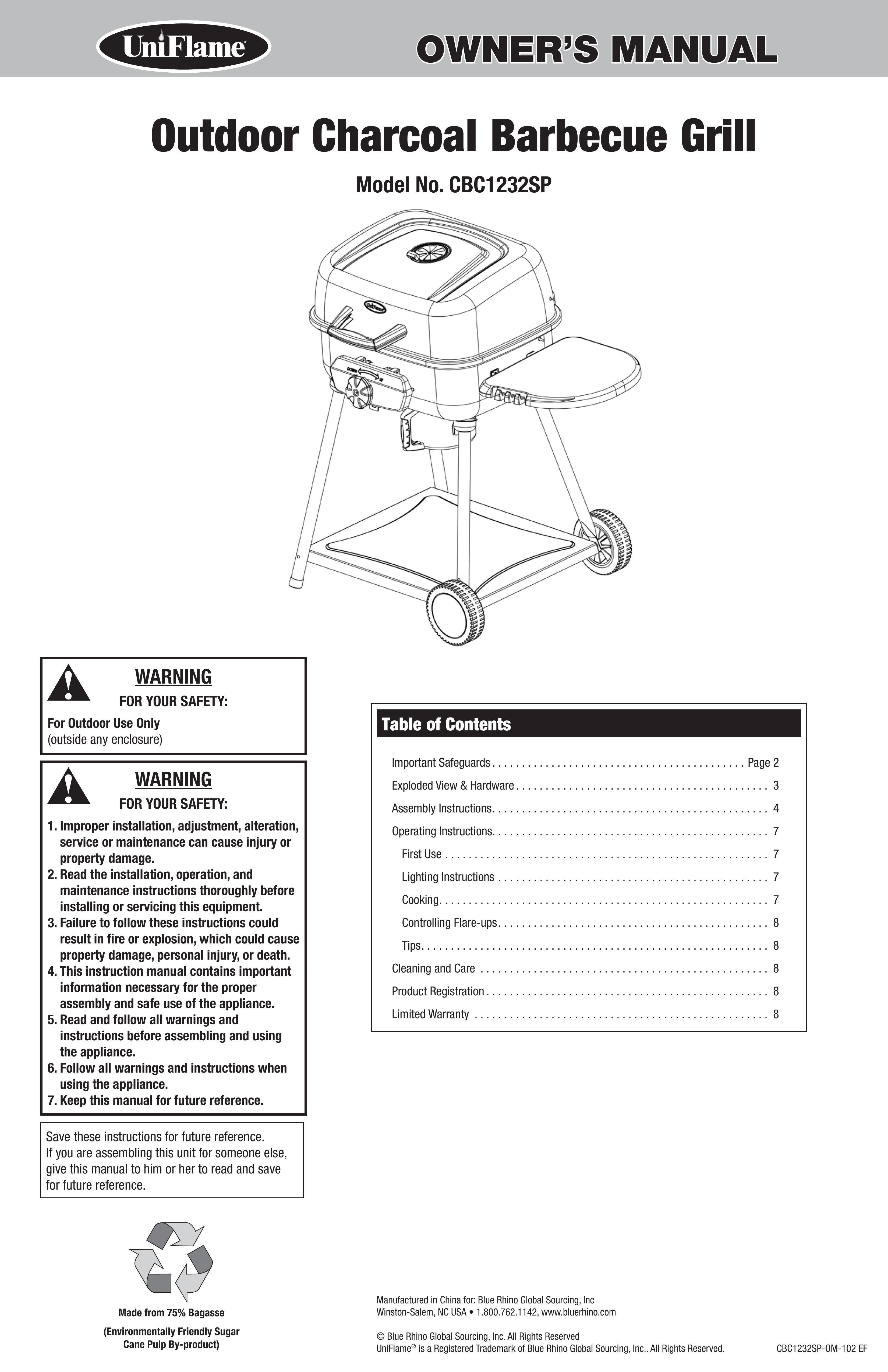 Uniflame CBC1232SP Charcoal Grill User Manual