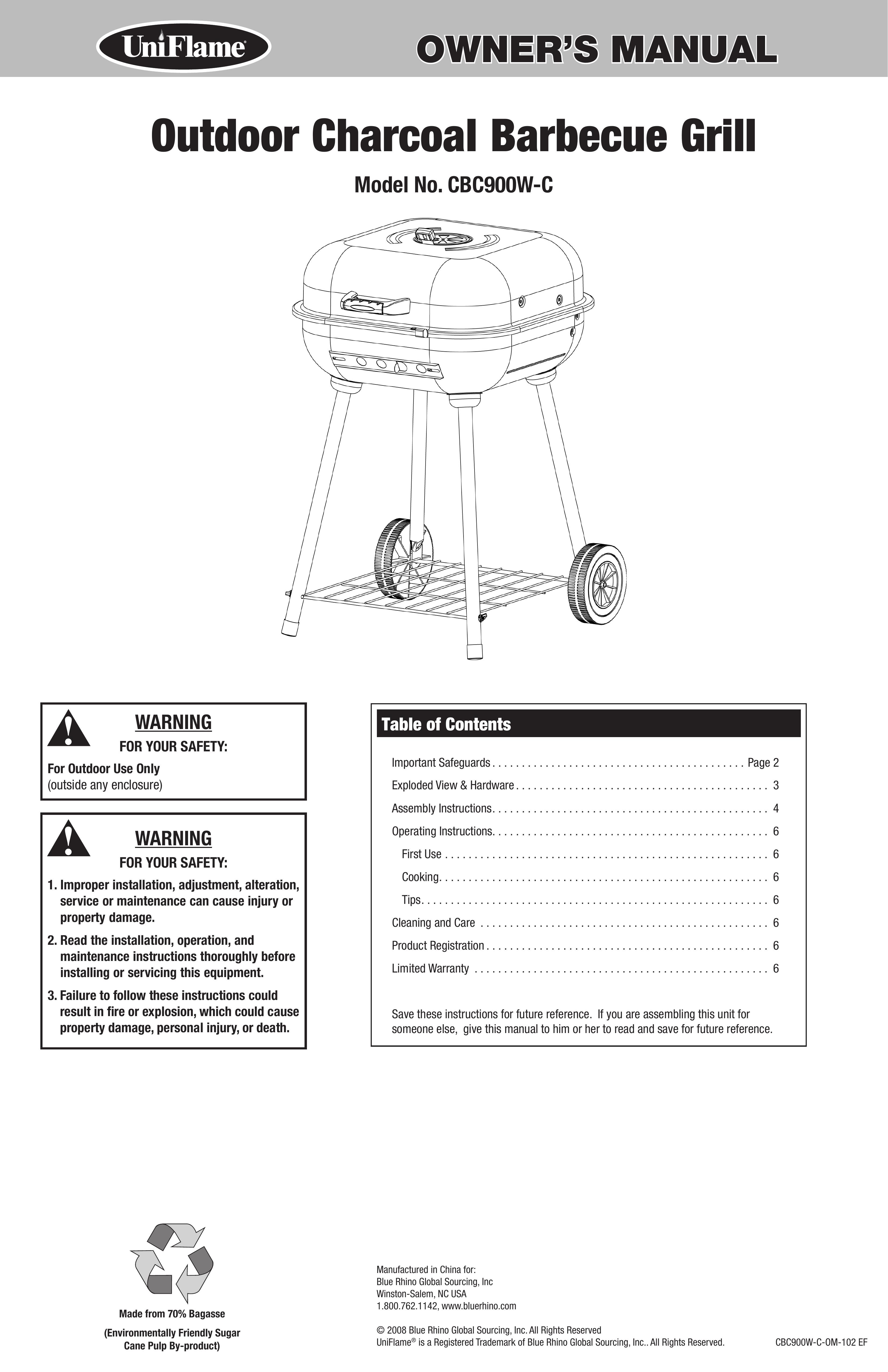Uniflame CBC900W-C Charcoal Grill User Manual