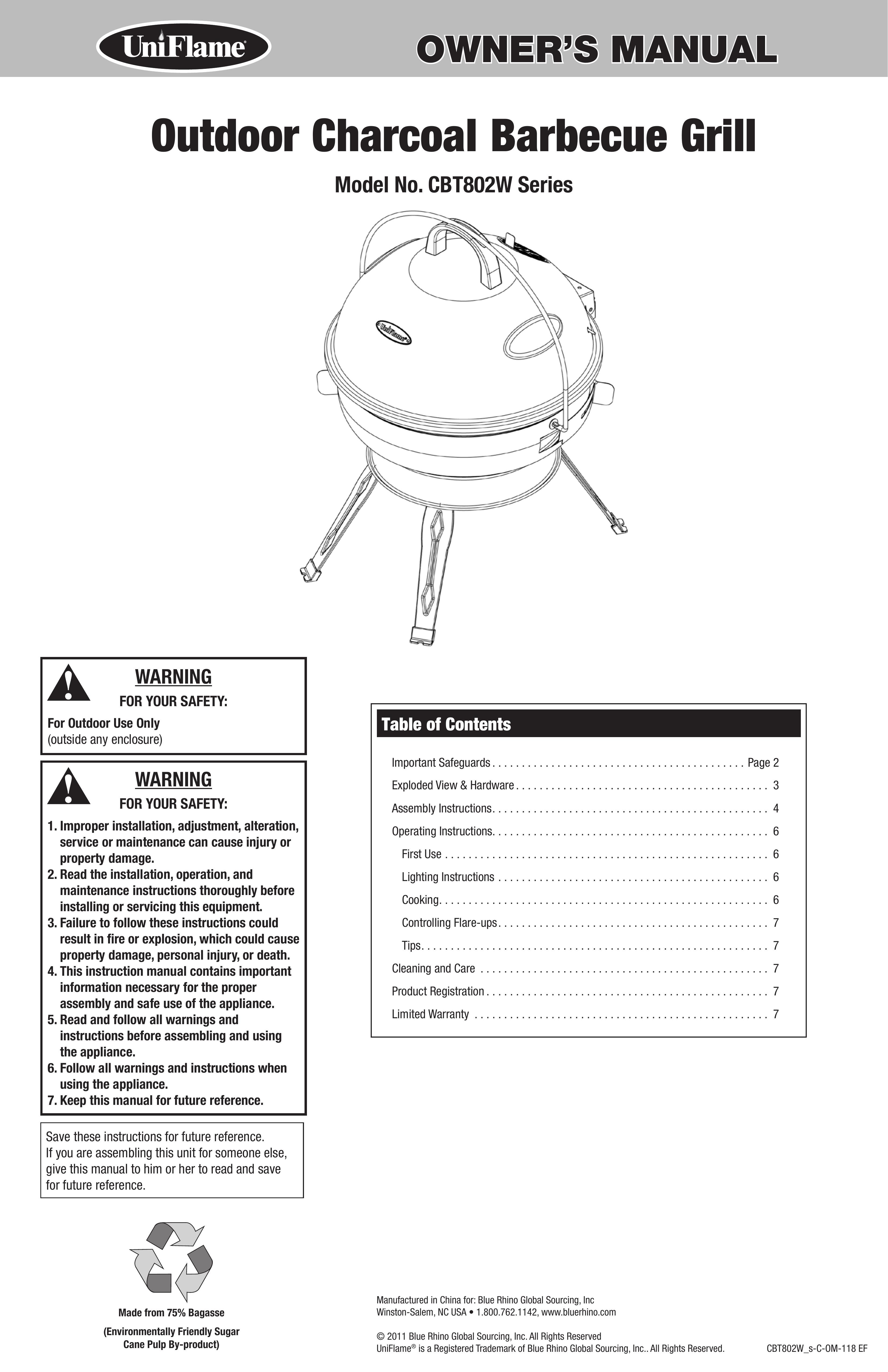 Uniflame CBT802W Charcoal Grill User Manual