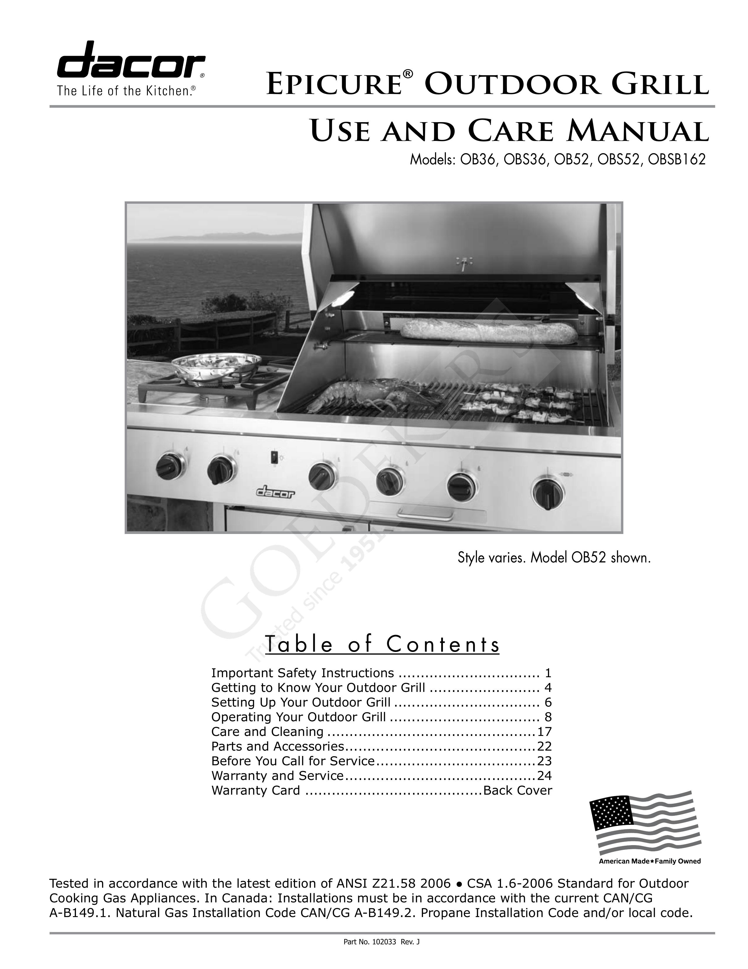 Dacor OBSB162 Electric Grill User Manual