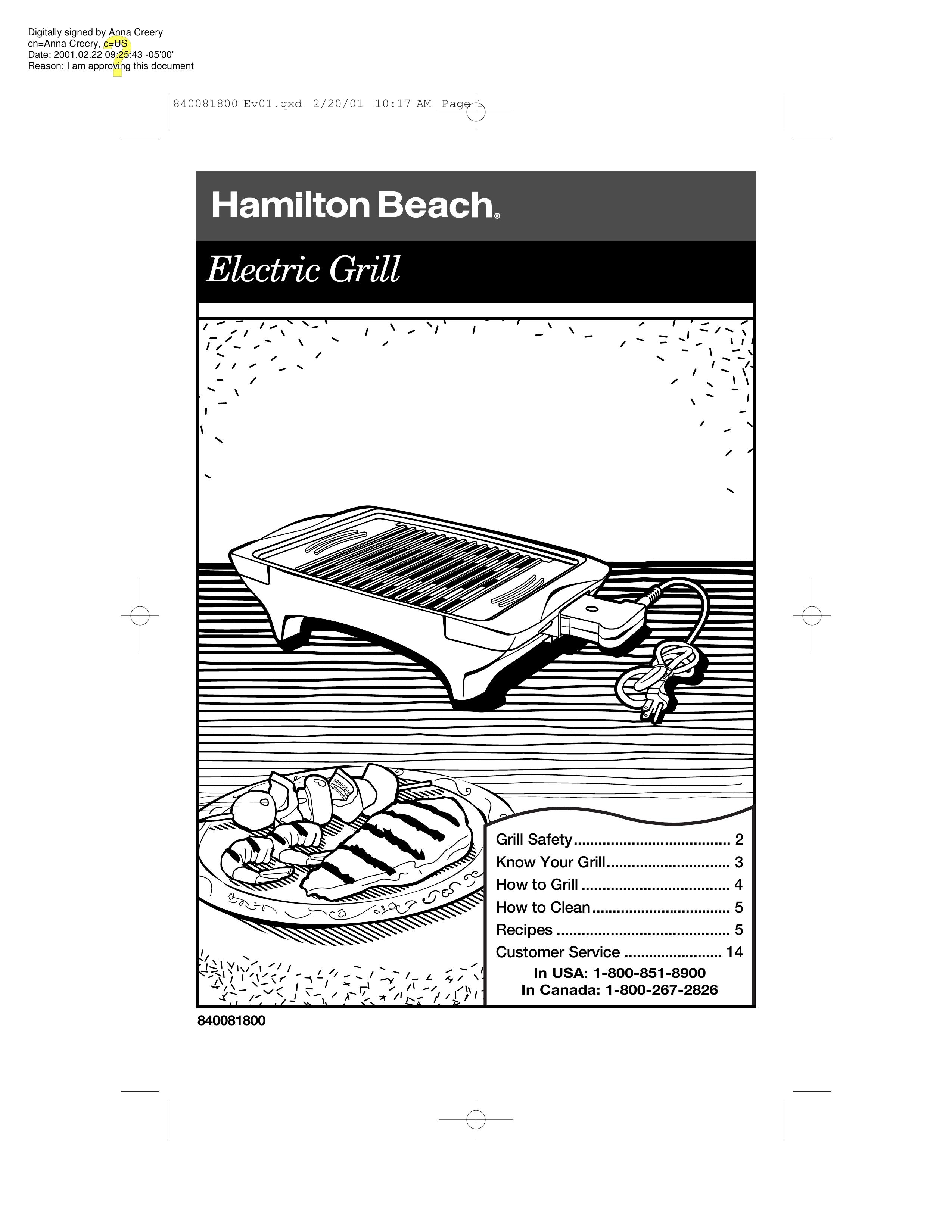 Hamilton Beach 840081800 Electric Grill User Manual