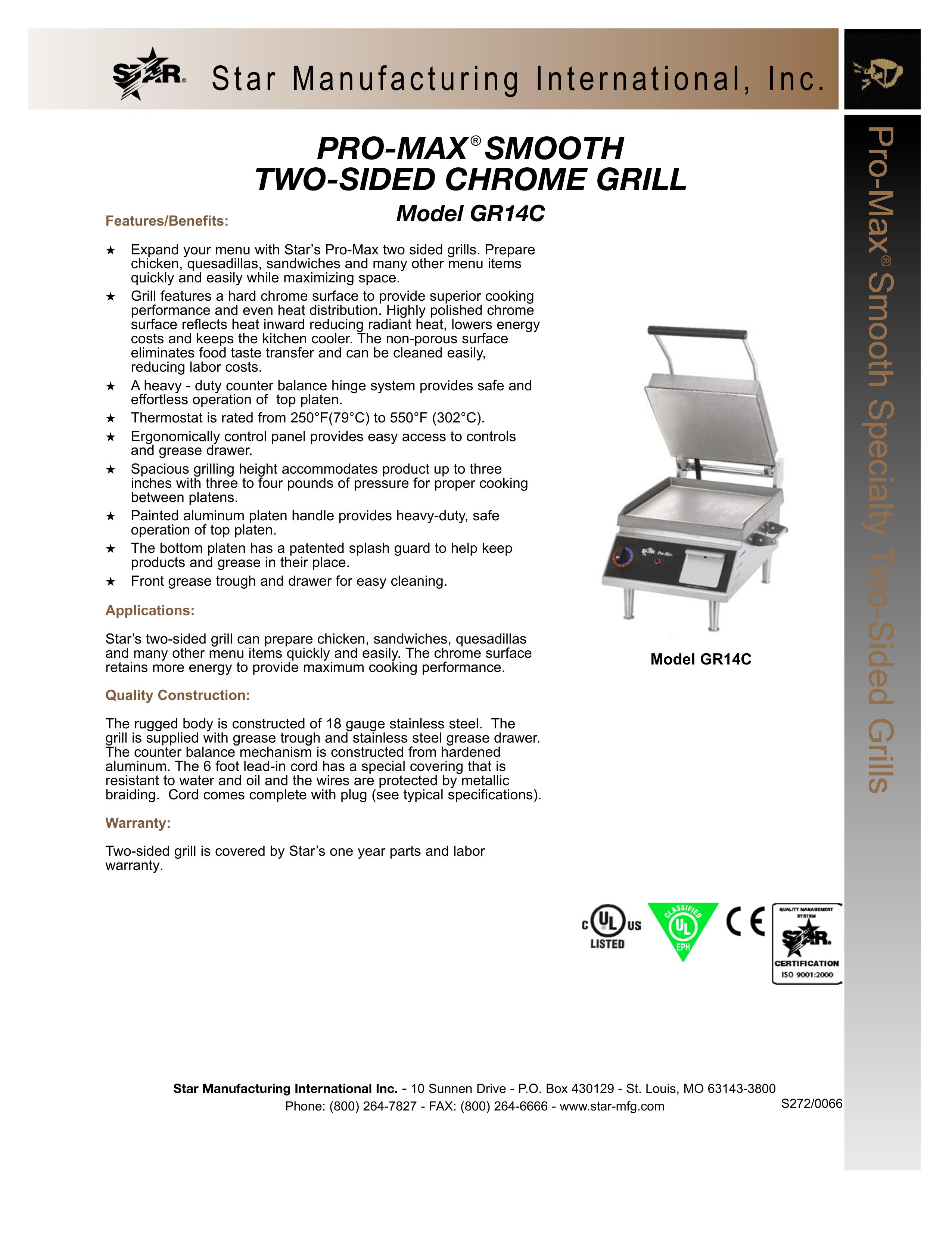 Star Manufacturing GR14C Electric Grill User Manual