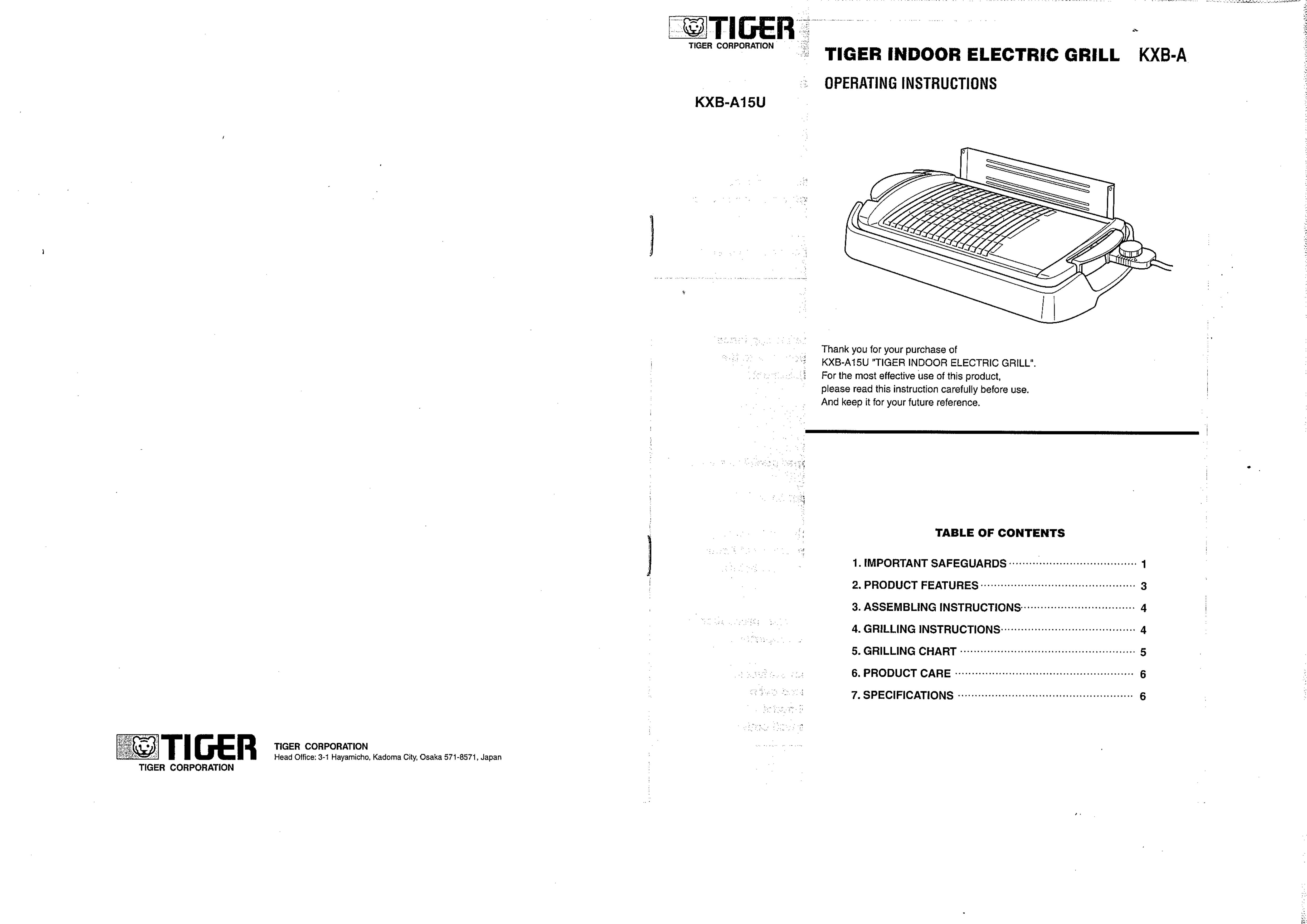 Tiger KXB-A15U Electric Grill User Manual